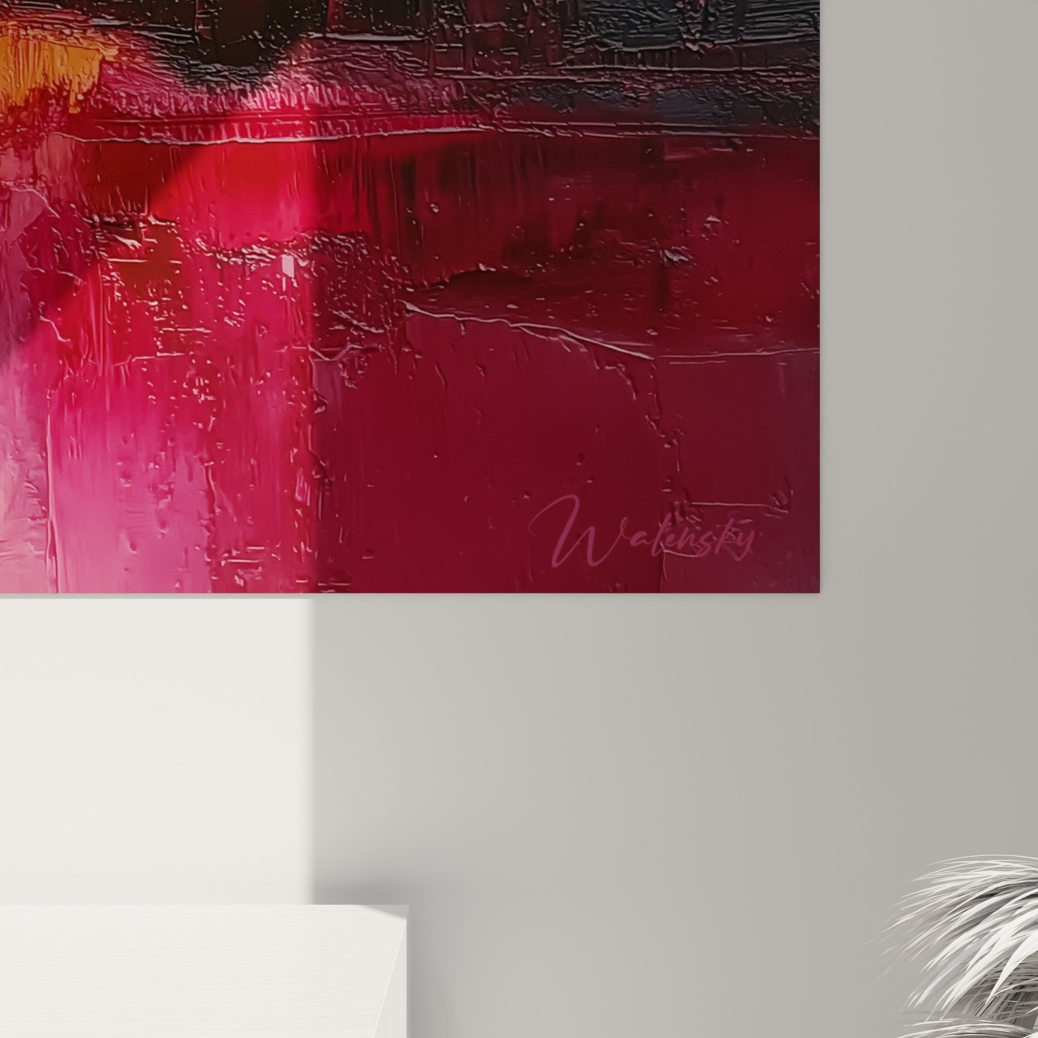 Overview of abstract painting in pink tones in contemporary living room, feng shui earth color harmony