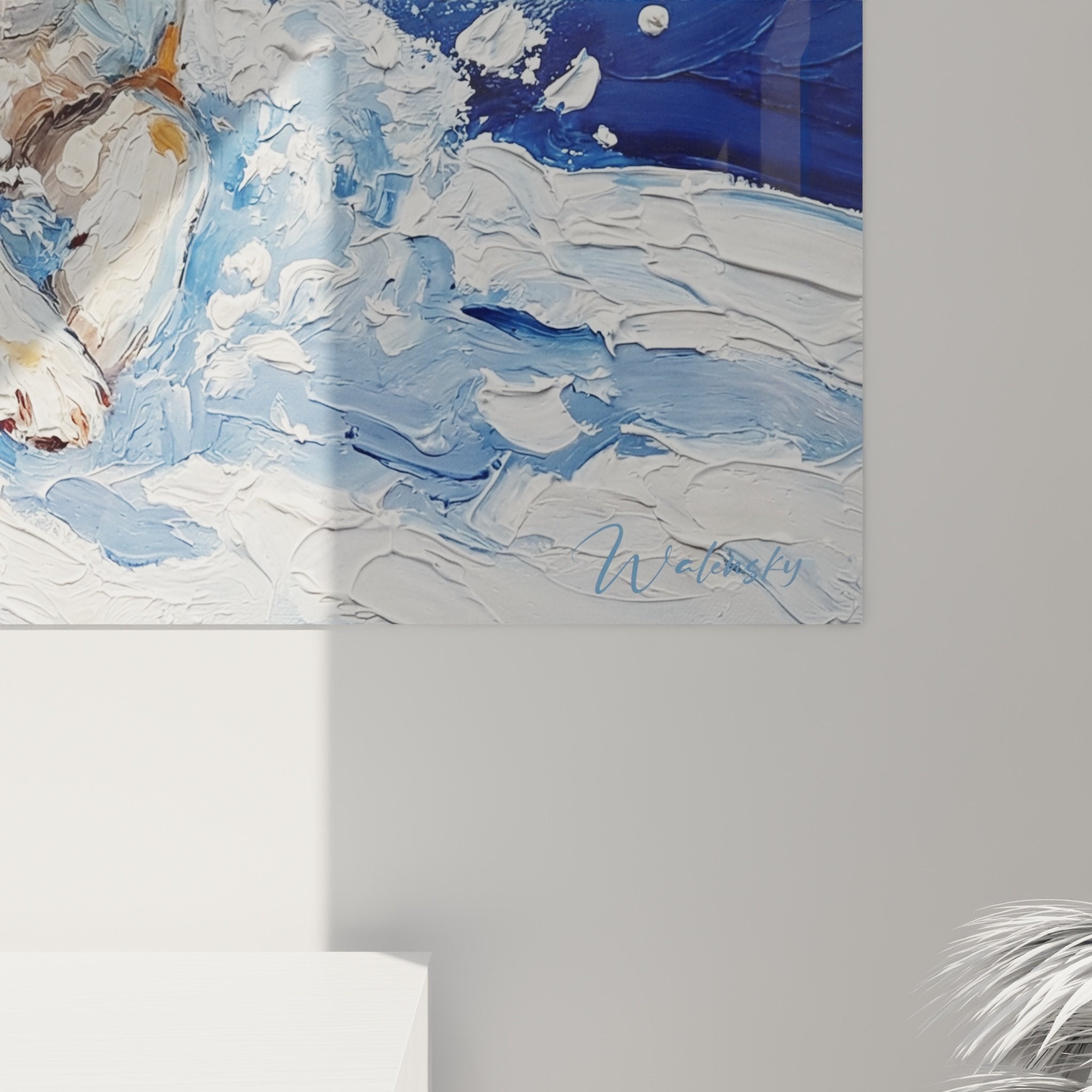 vue ensemble tableau akita inu hivernal dans salon contemporain murs clairs