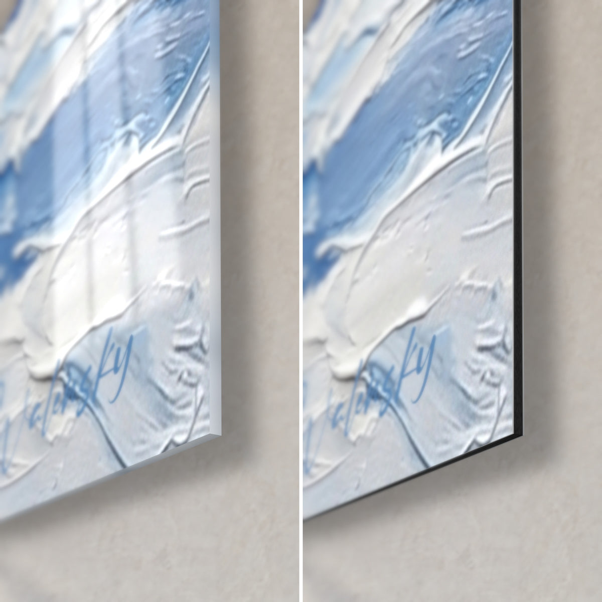 Gemälde Akita Inu in dicker blau-weißer Ölfarbe, unten rechts, glänzendes Acrylglas links, matt schwarzes Dibond und Kante rechts