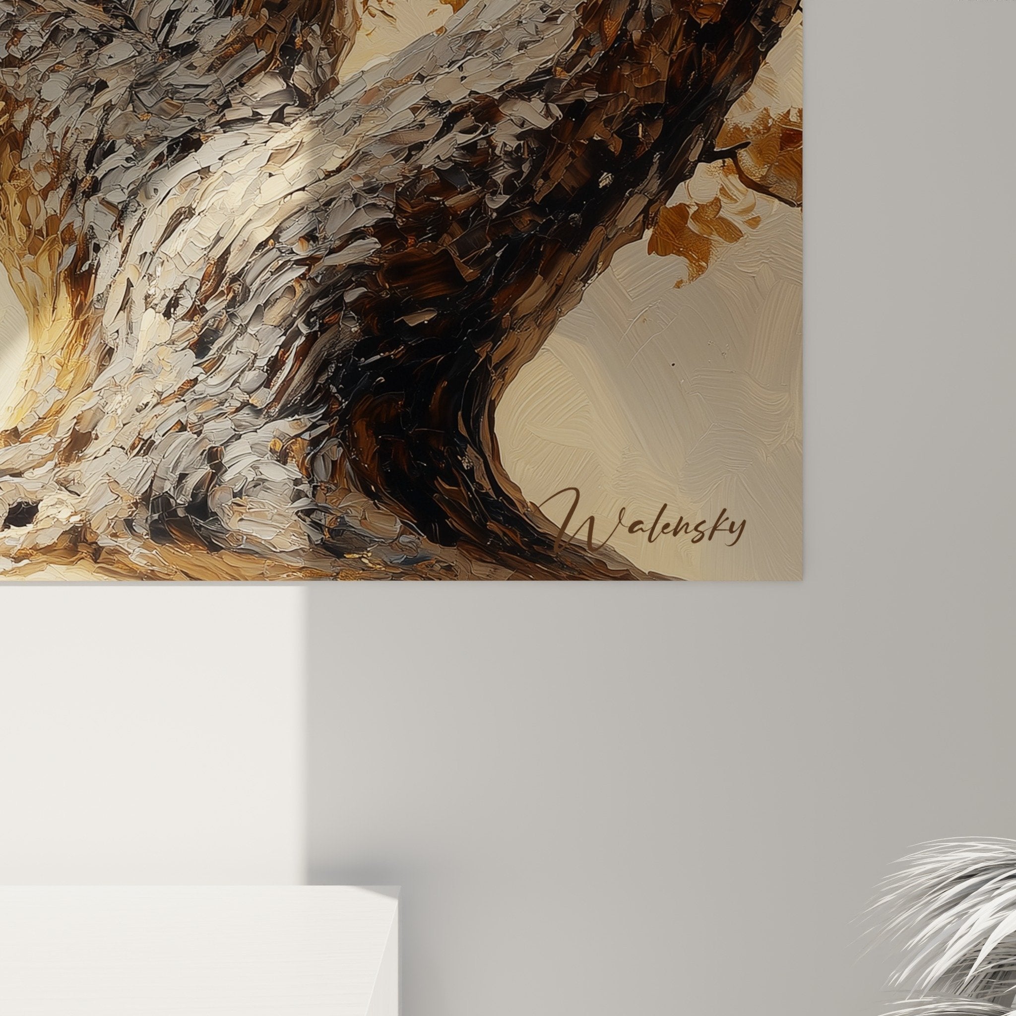 tree of life golden wall art in modern living room with light walls natural decoration zen ambiance
