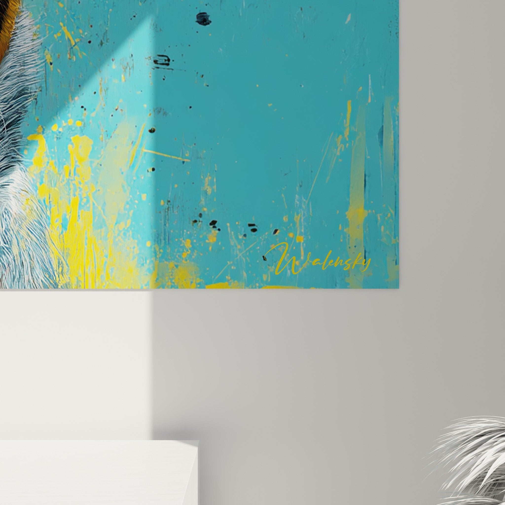 Vue ensemble tableau berger australien bleu salon contemporain décoration murale artistique
