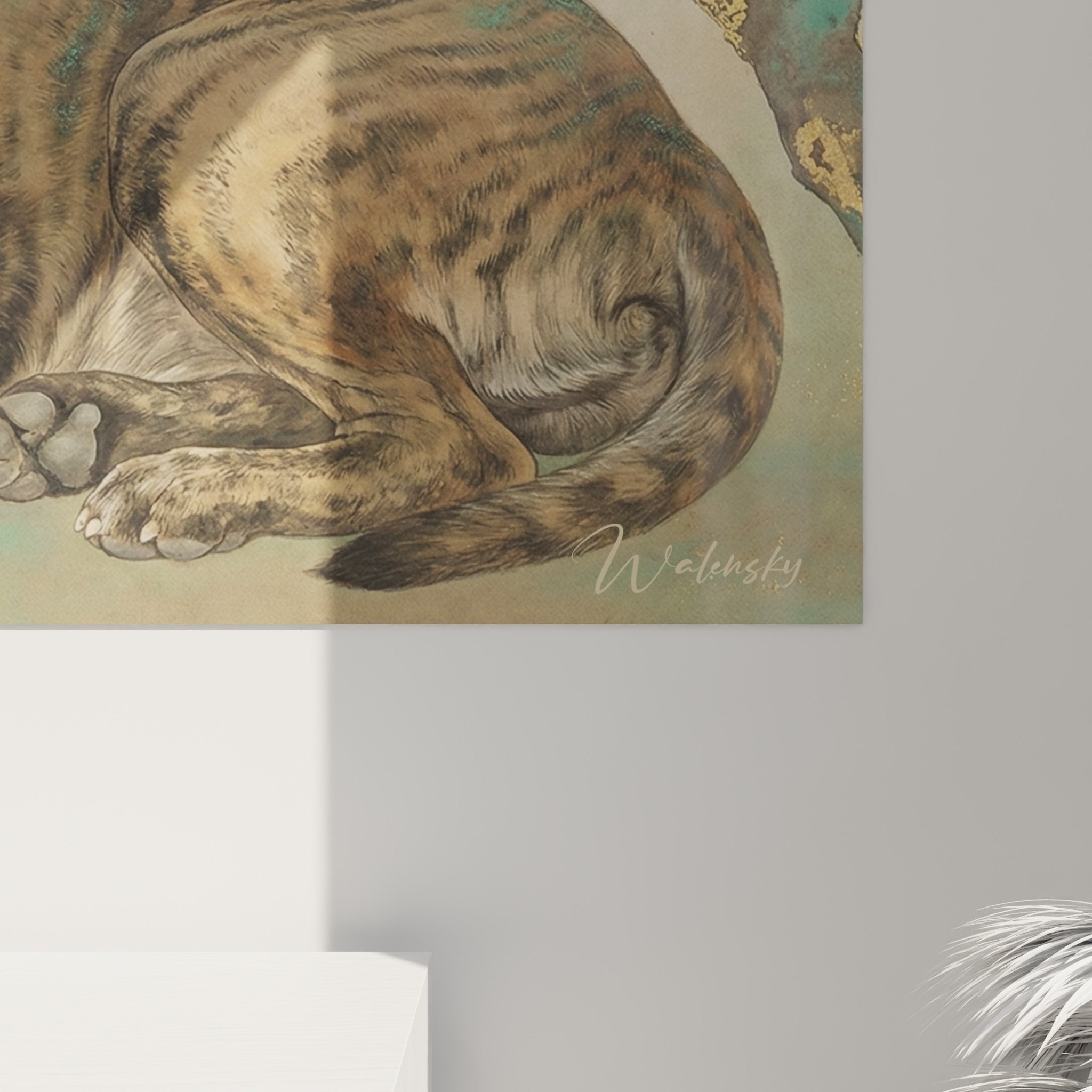 Vue ensemble salon tableau bullmastiff automnal decoration murale harmonieuse interieur moderne chaleureux