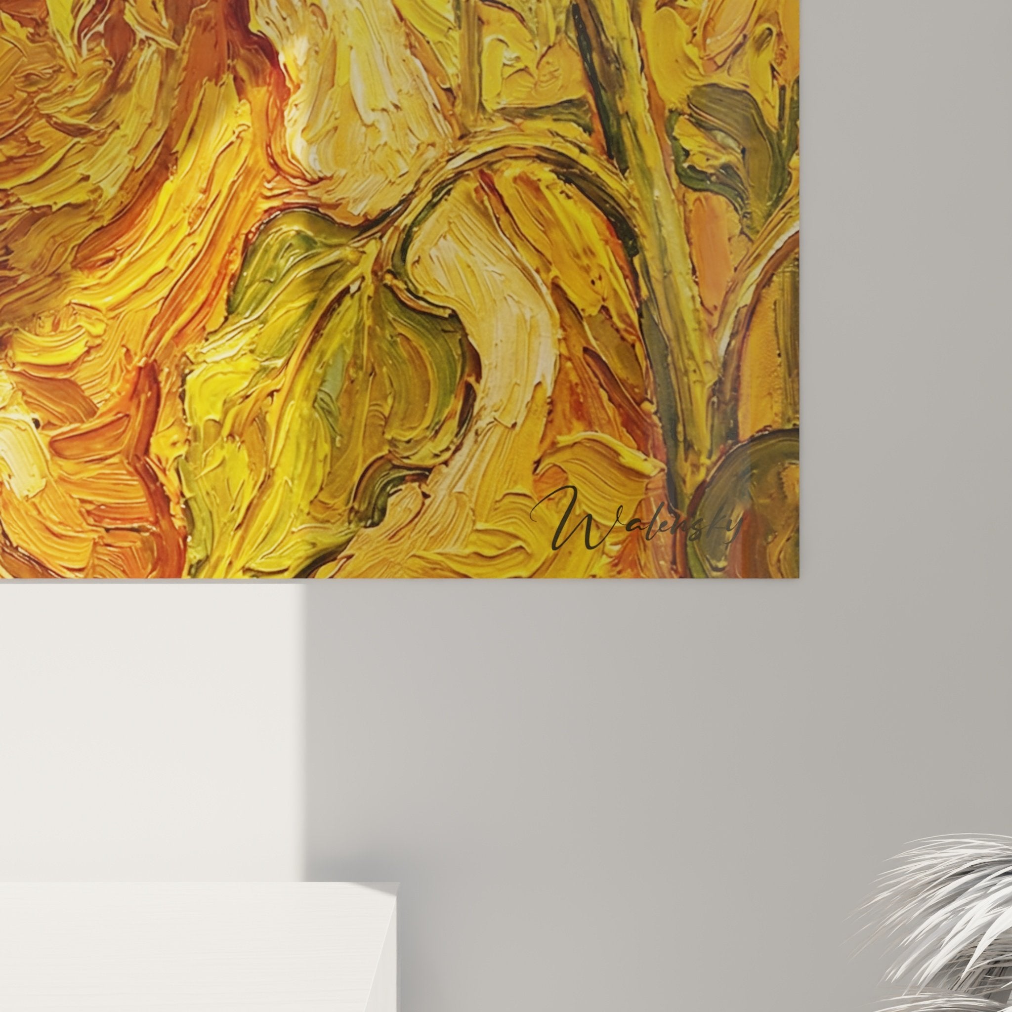 Vue ensemble salon tableau bullmastiff dore tournesols decoration murale art canin chaleureux