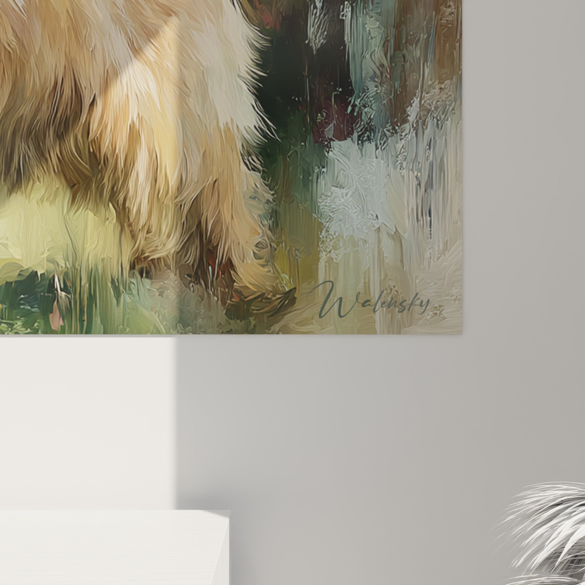 Vue ensemble salon tableau Cairn Terrier déco murale tons chauds intérieur moderne campagne chic