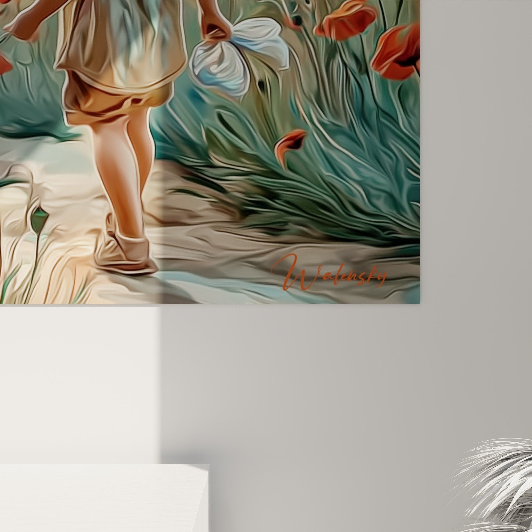 Gesamtansicht des ländlichen Kinderbildes mit Mohnblumen an der Wohnzimmerwand mit Stimmungsbeleuchtung