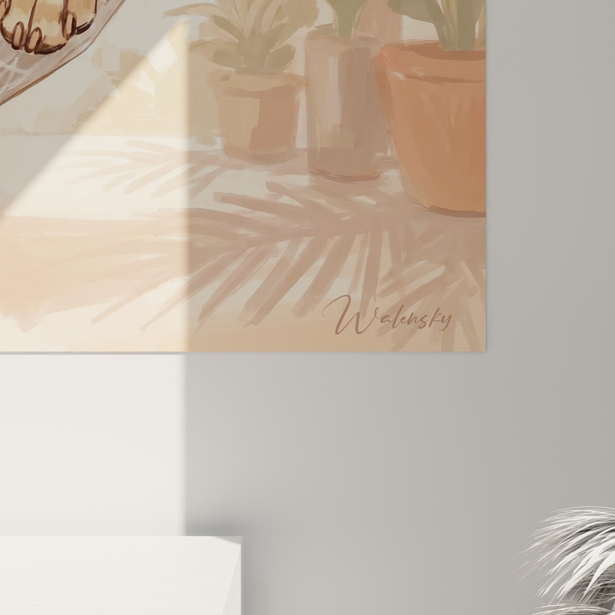 Overview of tropical dog painting in modern living room with natural decoration and soft lighting
