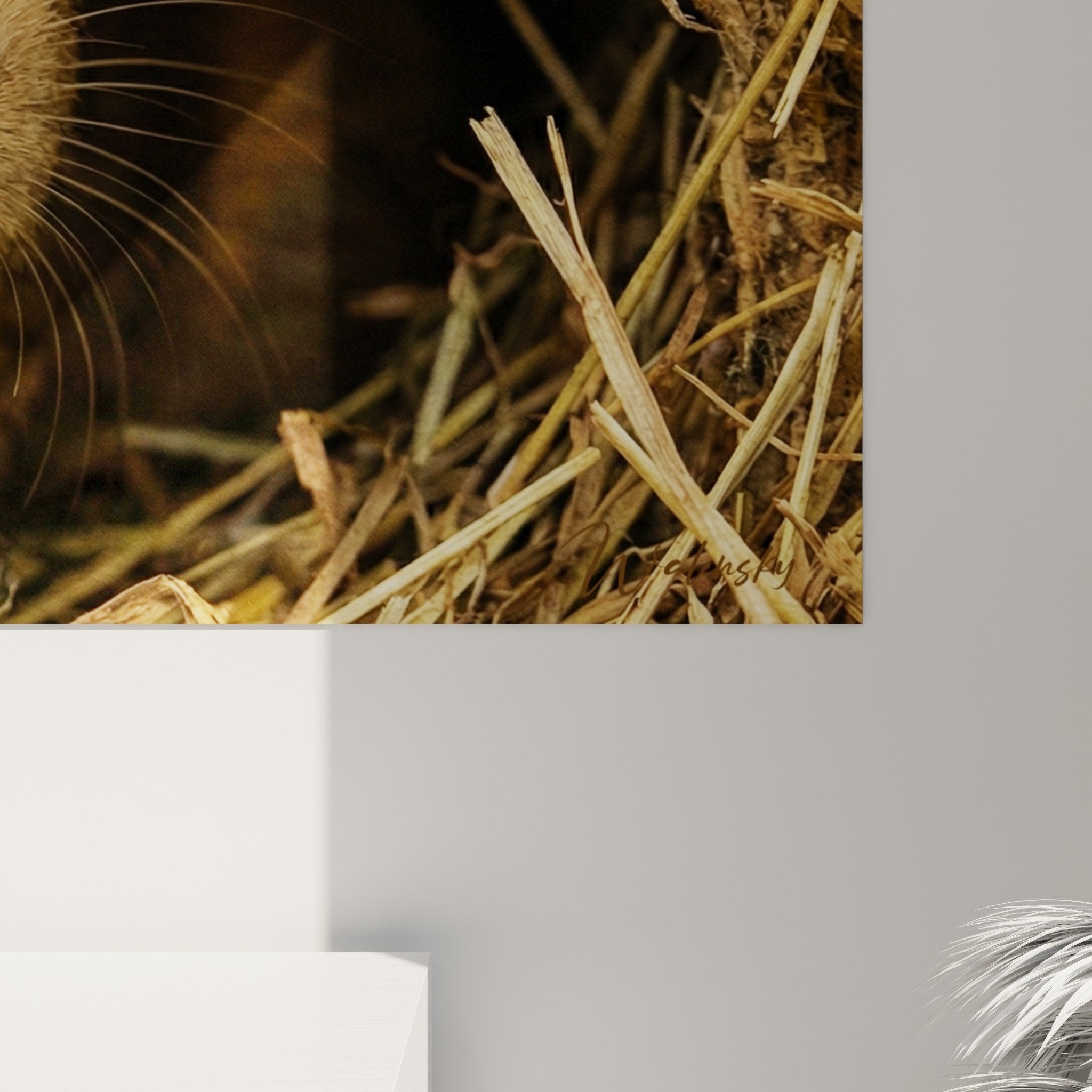 Überblick über das Meerschweinchen-Wandbild im Wohnzimmer mit natürlichen und warmen Tönen