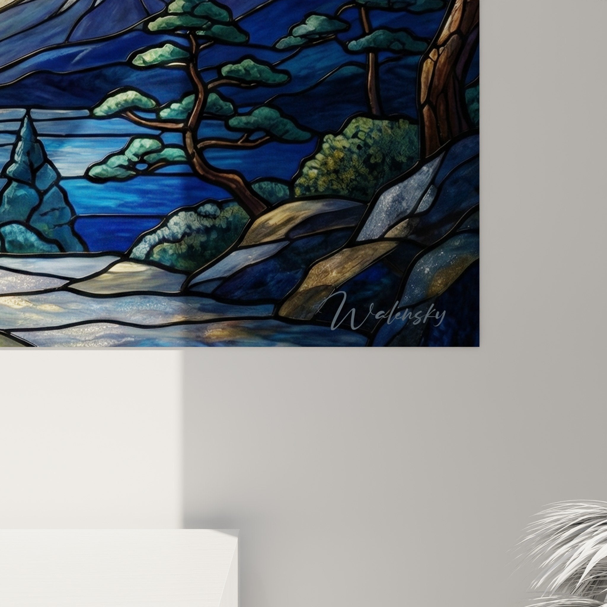 Gesamtansicht Wohnzimmer Gemälde Japanischer Spaniel Mondnacht Wanddekoration japanischer Stil kontemplative Atmosphäre