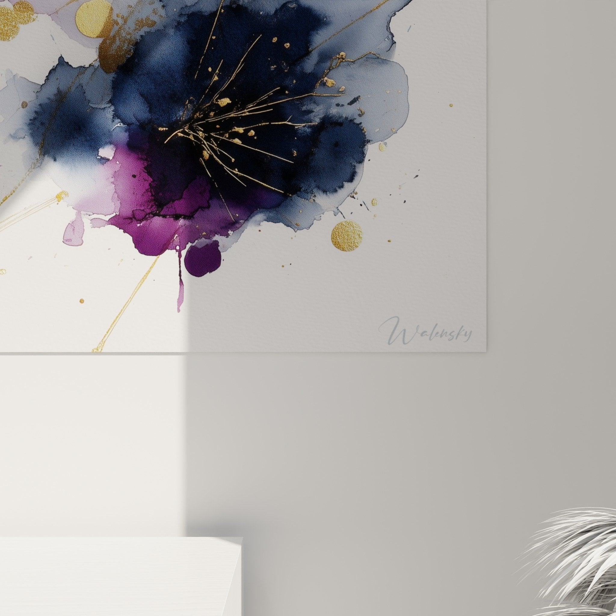 Abstract floral purple blue gold wall art in contemporary feng shui living room