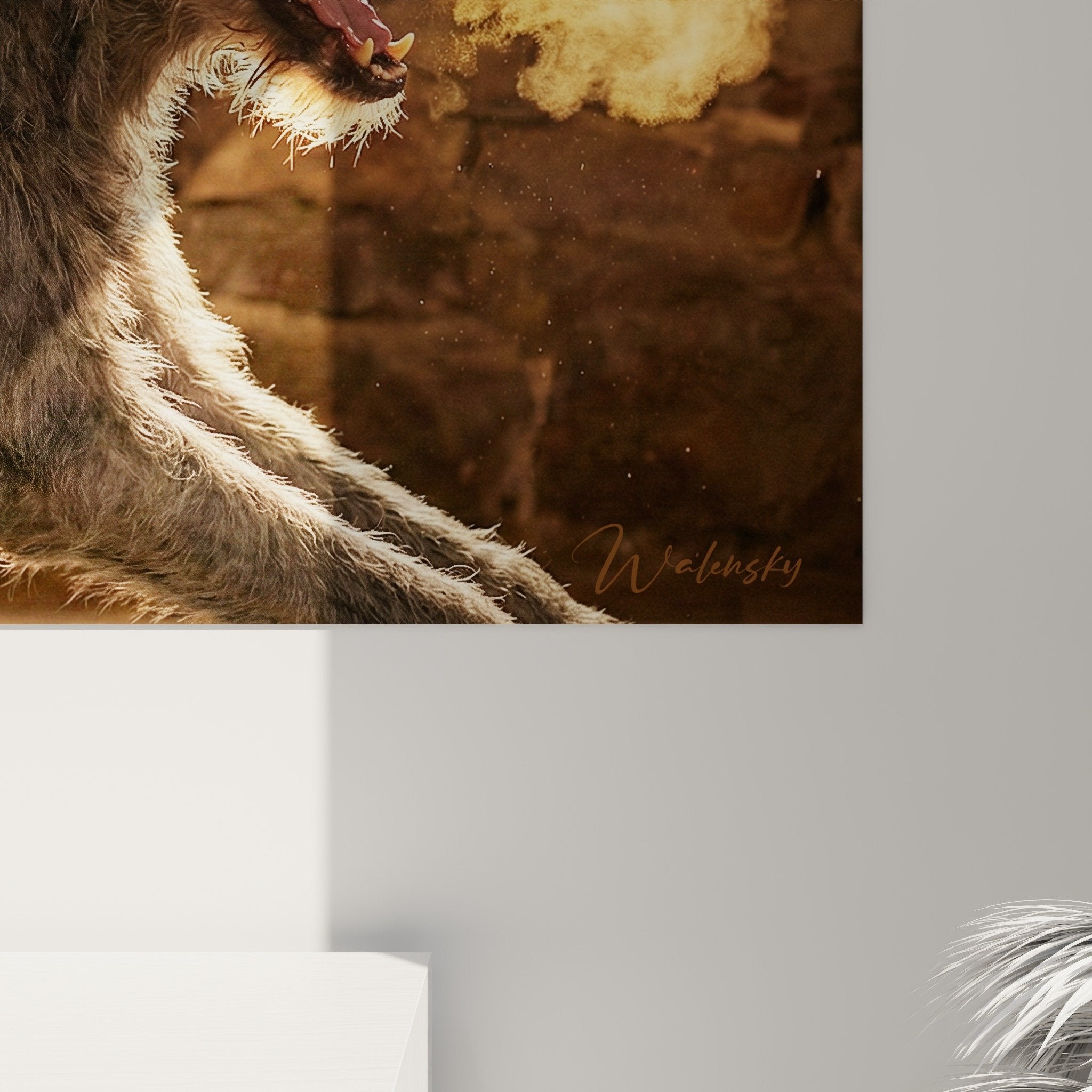 Vue ensemble salon tableau Irish Wolfhound ambiance chaleureuse decoration