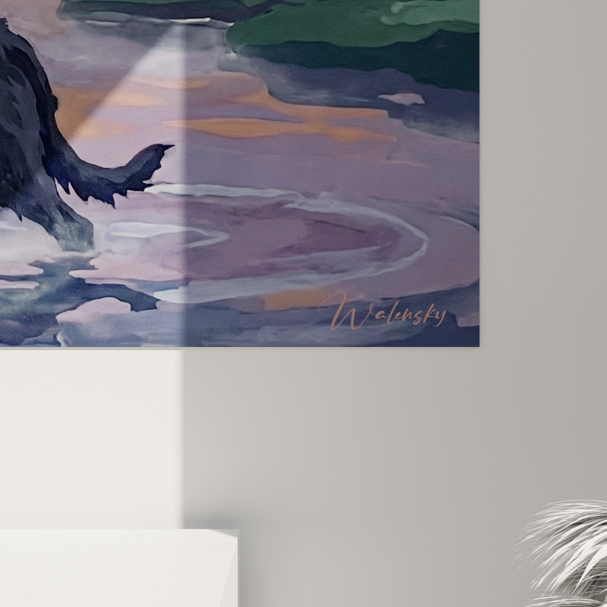 Tableau mural salon levrier irlandais scene crepusculaire brumes violettes decoration interieur