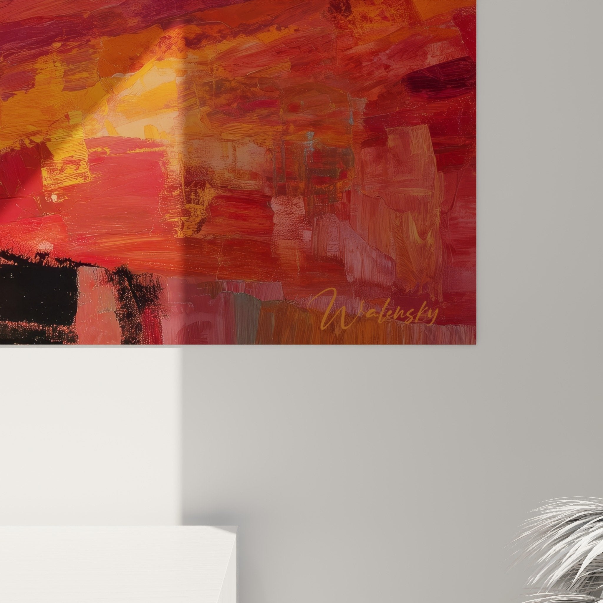 Vue ensemble salon tableau lion africain couleurs chaudes decoration murale paysage coucher soleil