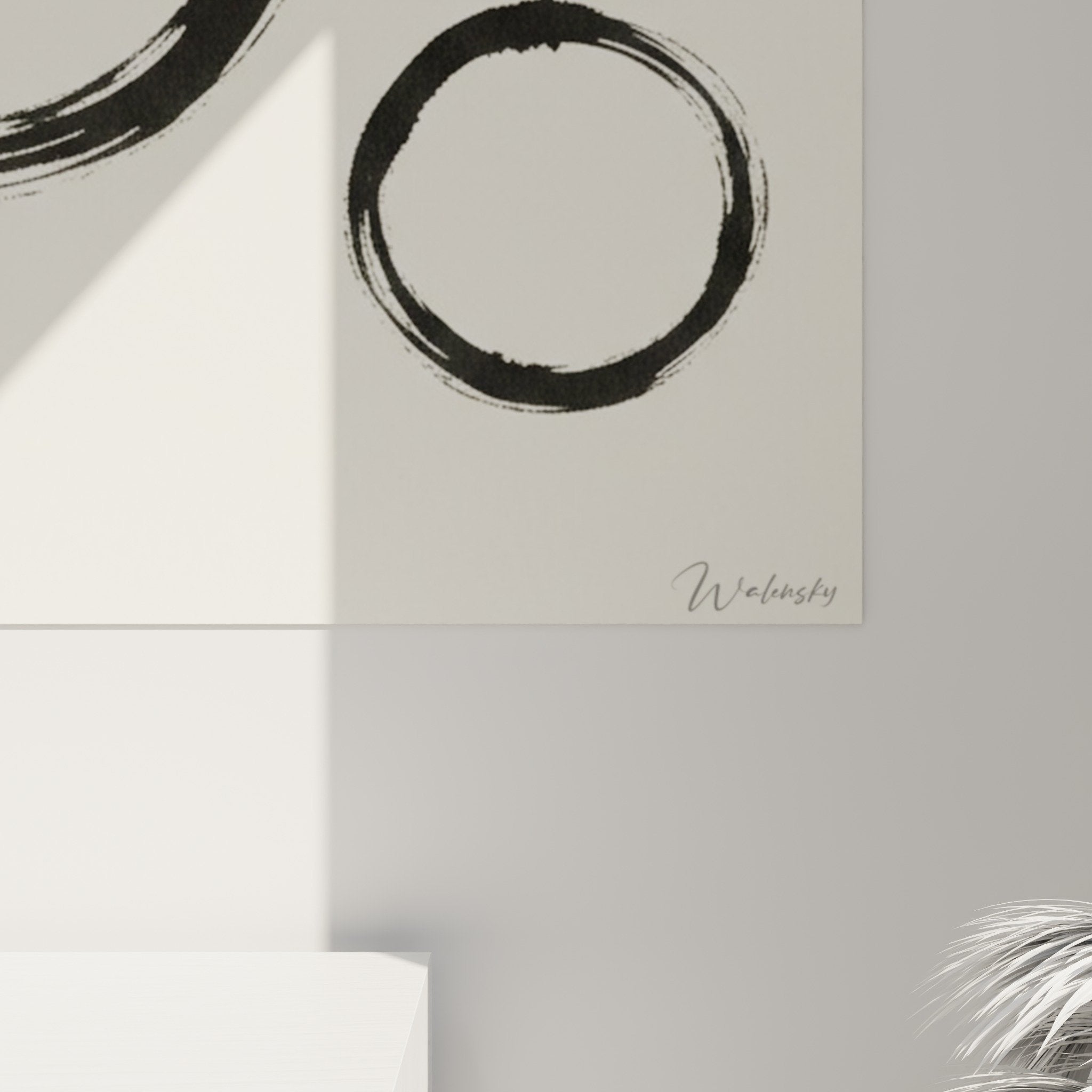 Overall view two black circles cream artwork modern living room wall decor zen minimalist