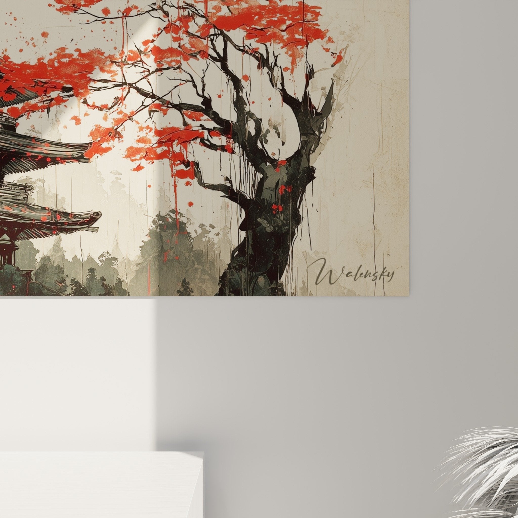 Japanese pagoda wall art living room Asian decoration cherry blossom red flowers