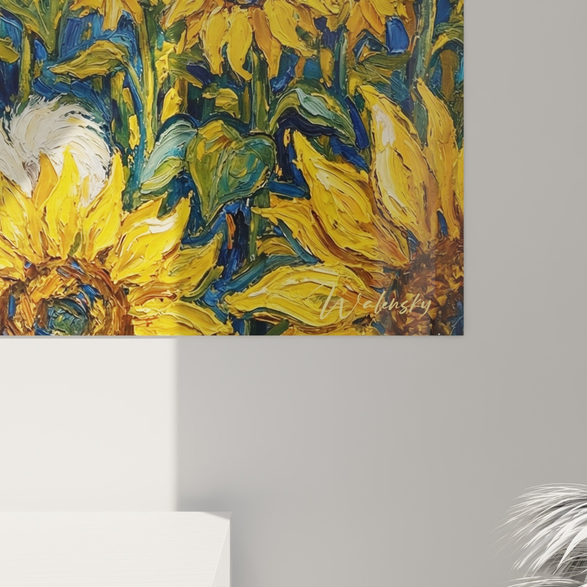 Vue ensemble salon tableau Samoyède tournesols décoration murale style champêtre bohème