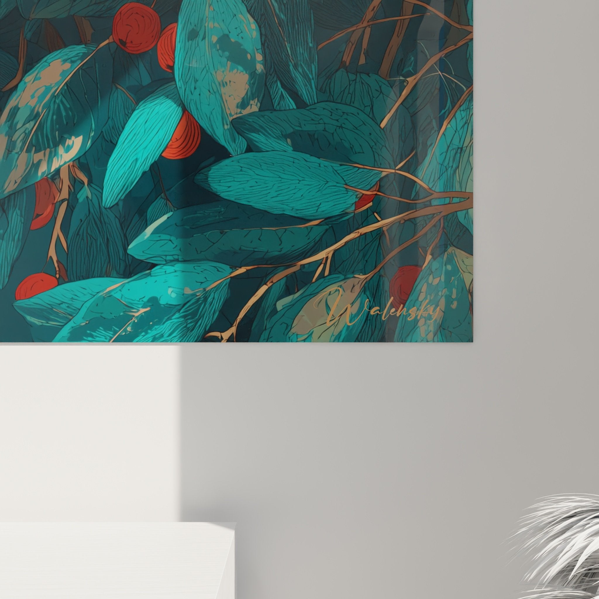 Vue d'ensemble tableau Shiba Inu dans salon, harmonie couleurs turquoise rouge cuivre, déco naturelle chic