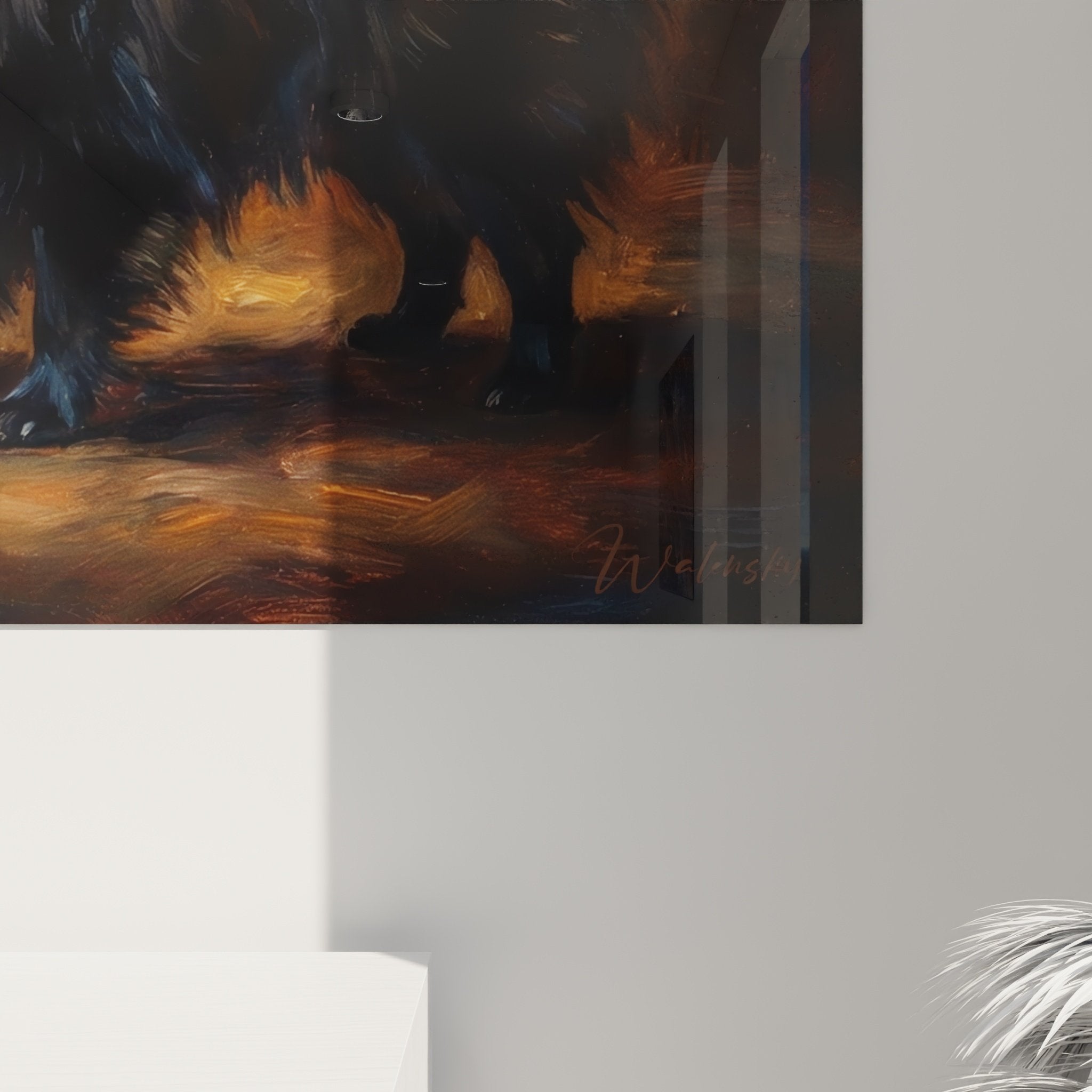 Gesamtansicht Wohnzimmer mit Spitz-Pomeranian-Gemälde Wanddekoration gemütliche Atmosphäre