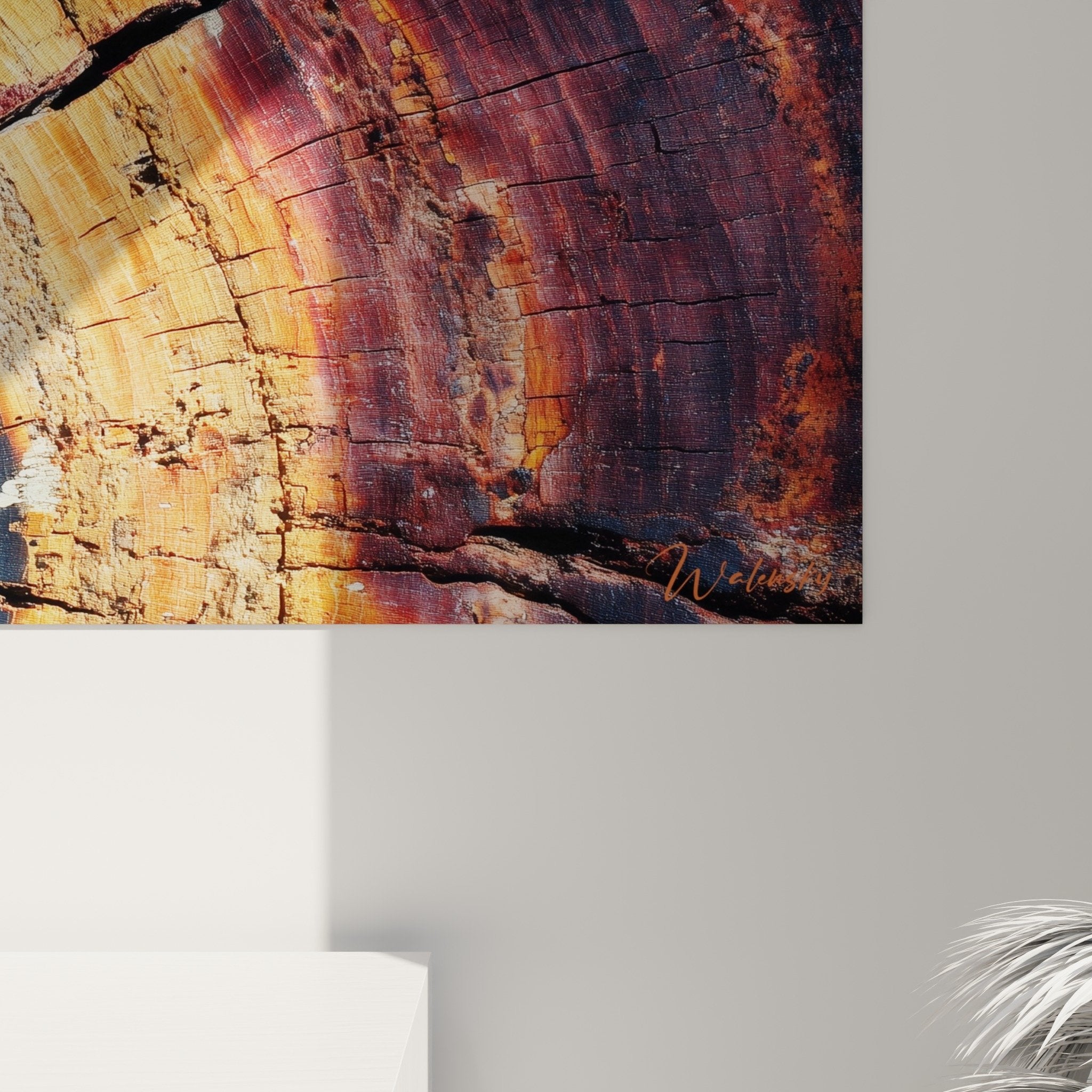Gesamtansicht Wohnzimmer Panorama-Wandbild Baumstamm Holz blaue orange Kreise Wanddekoration Feng Shui