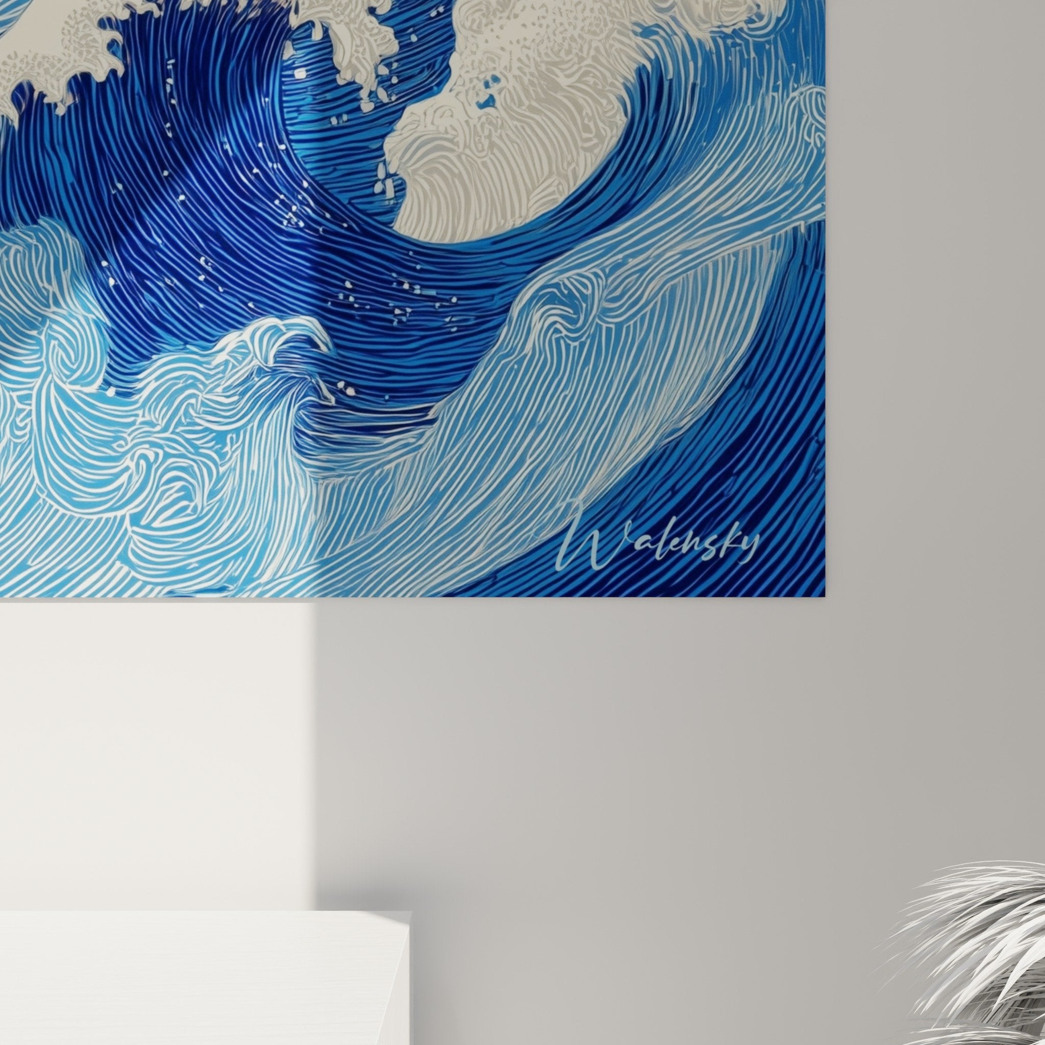 Full view Japanese marine waves artwork living room wall decoration deep blue white feng shui north water