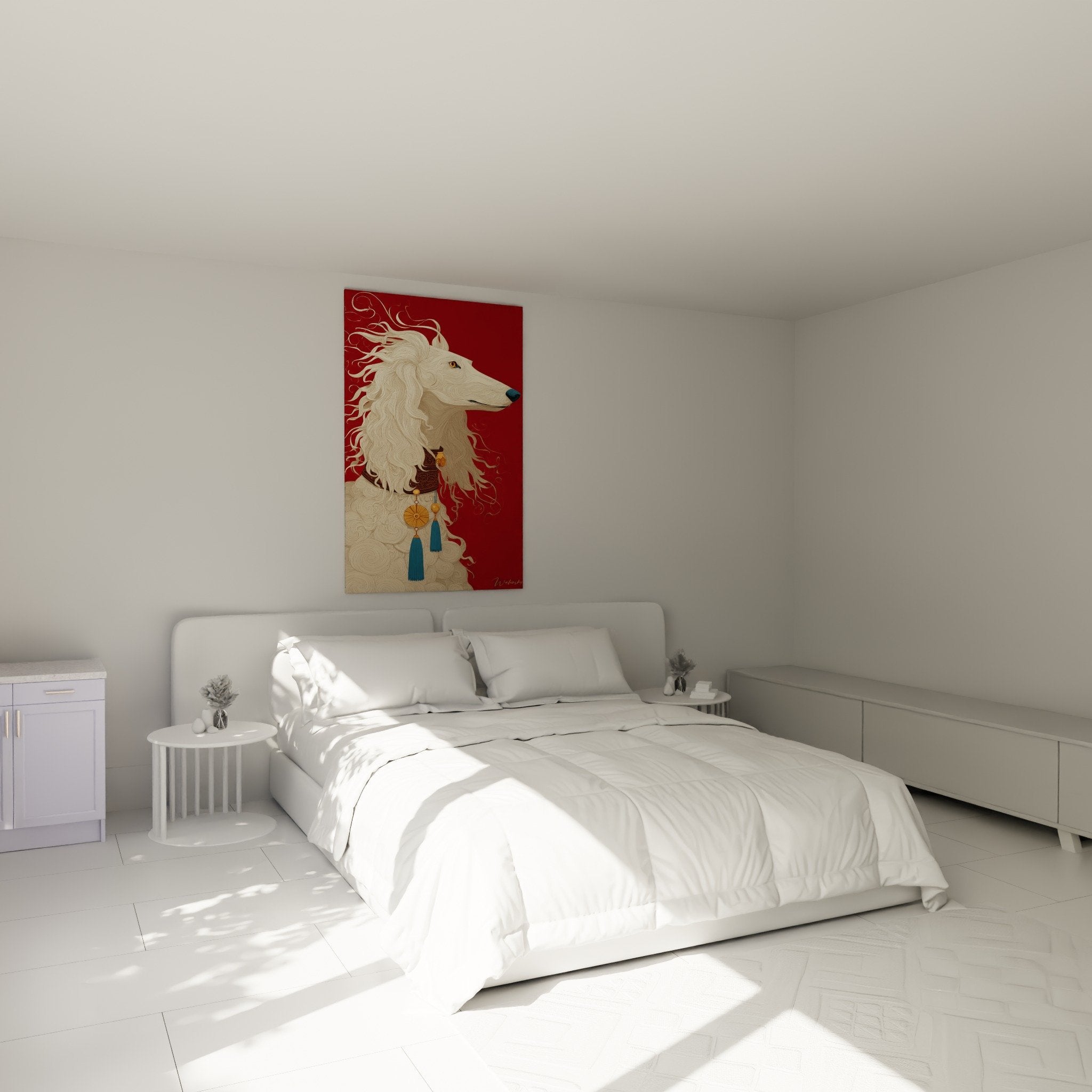 Tableau Saluki blanc élégant dans chambre moderne, ambiance raffinée avec décoration orientale