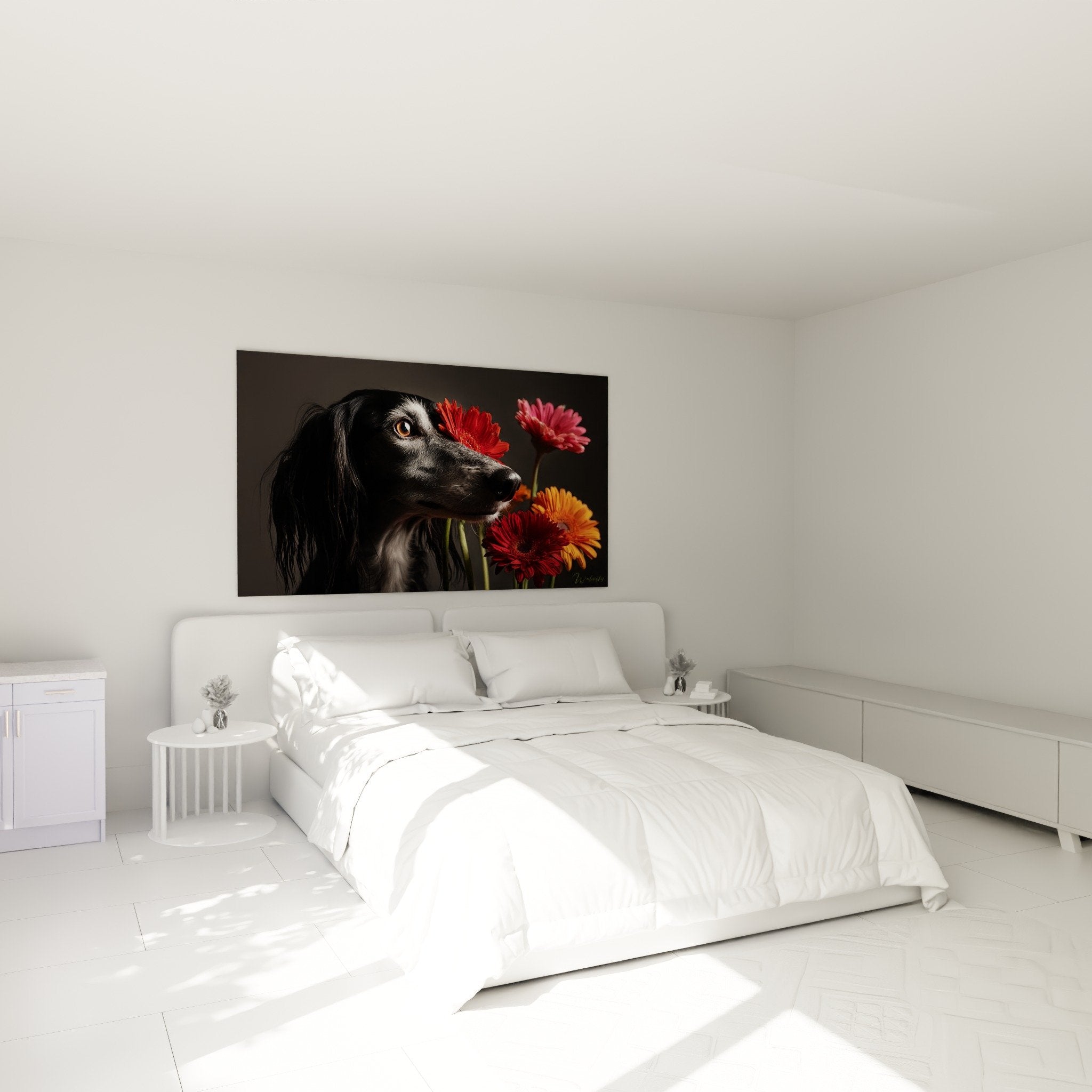Saluki-Gemälde mit Gerberas in modernem Schlafzimmer mit eleganter Wanddekoration