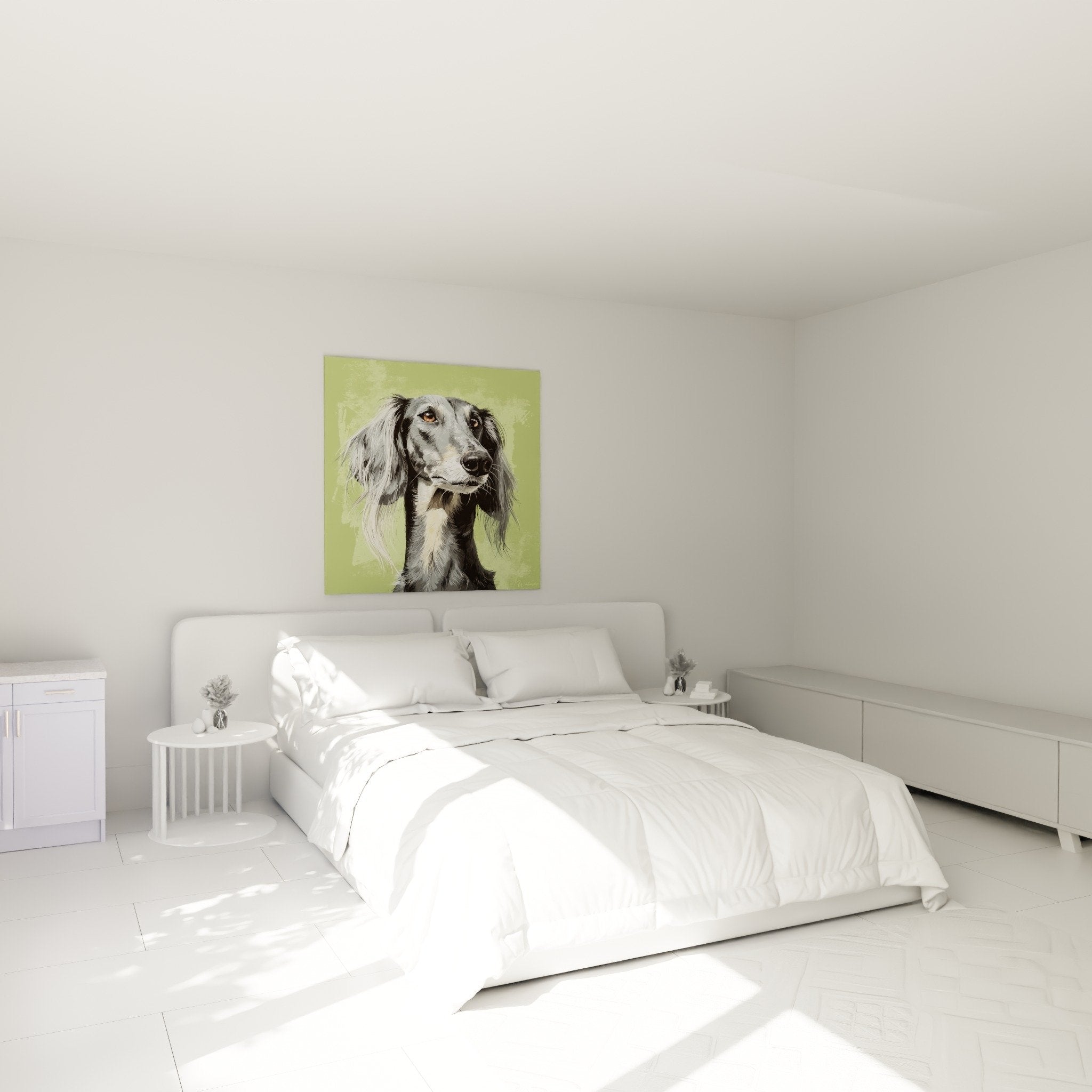 Tableau portrait de Saluki gris accroche dans une chambre moderne aux murs blancs, decoration murale elegante