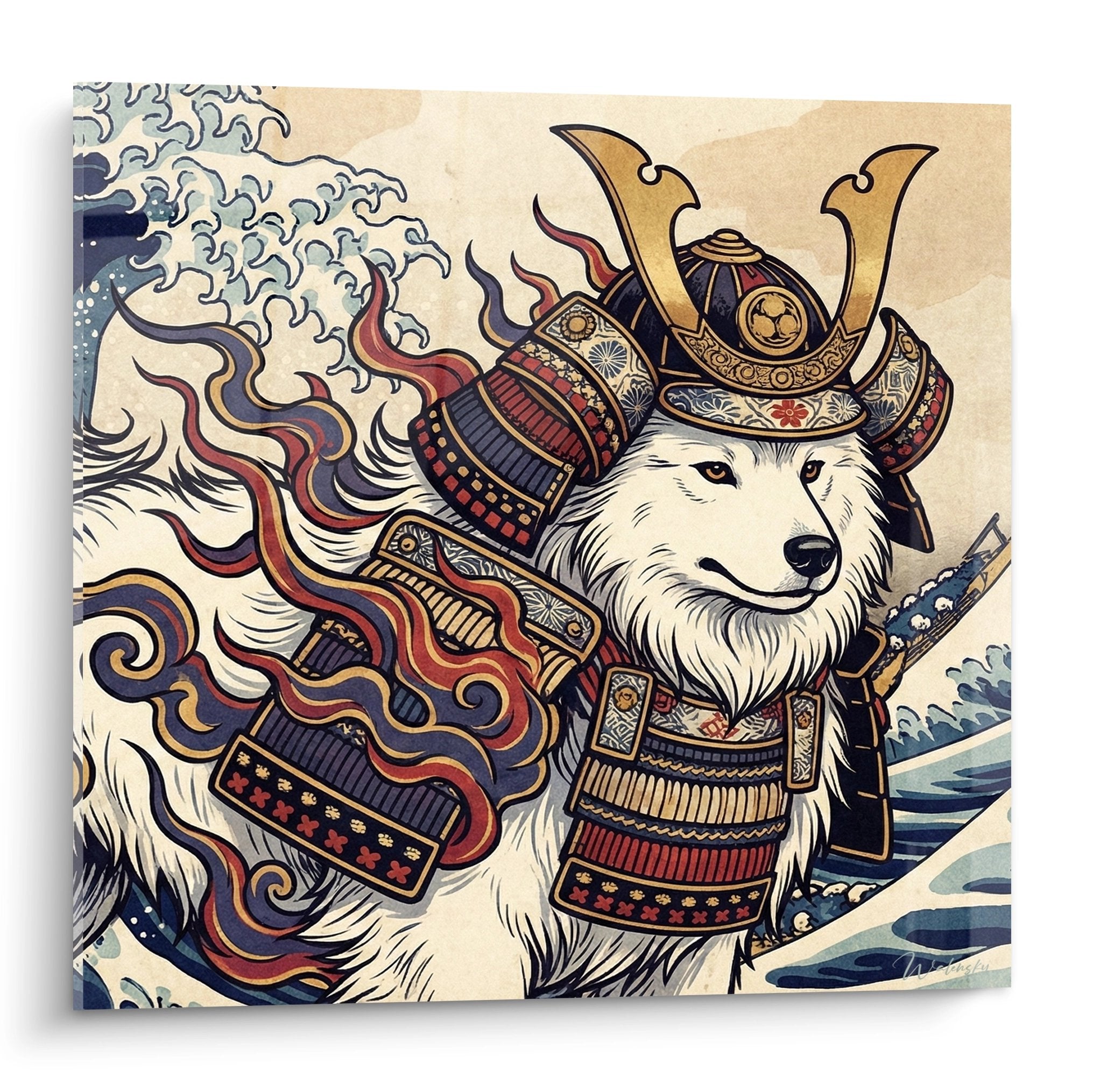 Tableau Samoyède en armure de samouraï japonaise dorée et bordeaux sur fond de vagues stylisées
