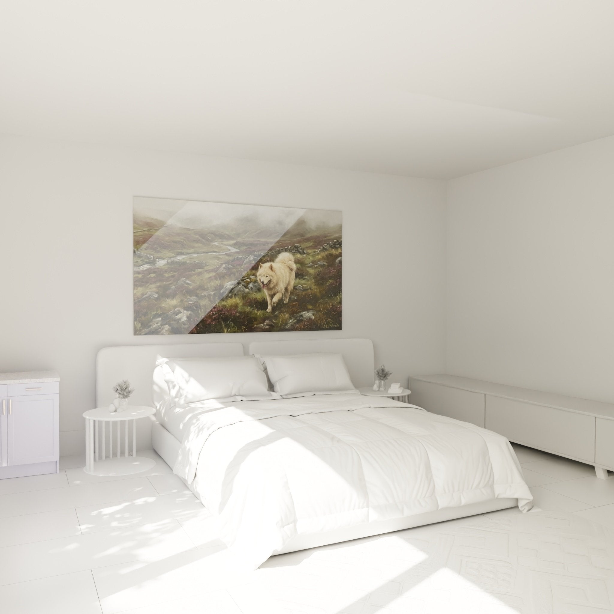 tableau samoyed lande chambre decoration murale ambiance nordique tons naturels bruyere violette