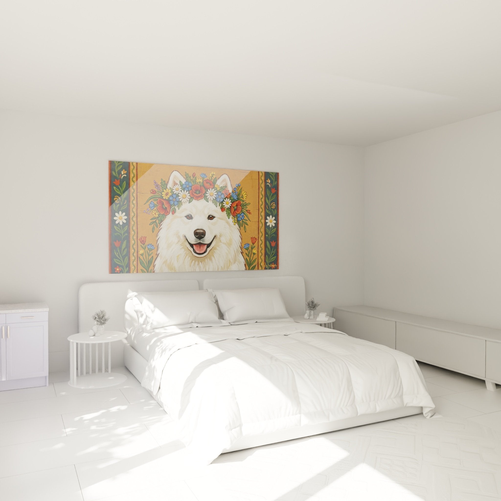 Tableau chien Samoyede fleuri dans chambre style scandinave murs blancs mobilier bois naturel ambiance cosy