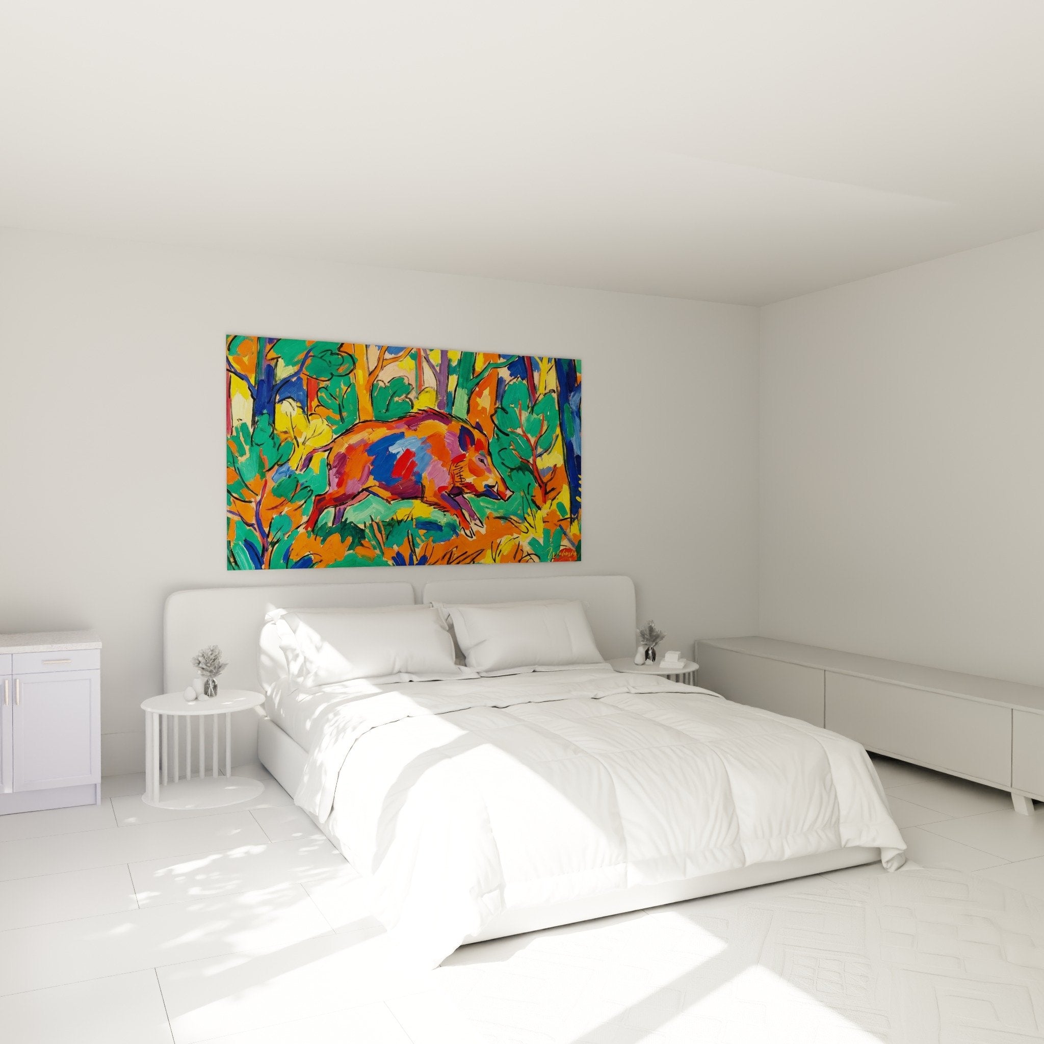 Expressionistisches Wildschwein-Gemälde lebendige Farben Orange Türkis Schlafzimmer Dekoration zeitgenössische Kunst