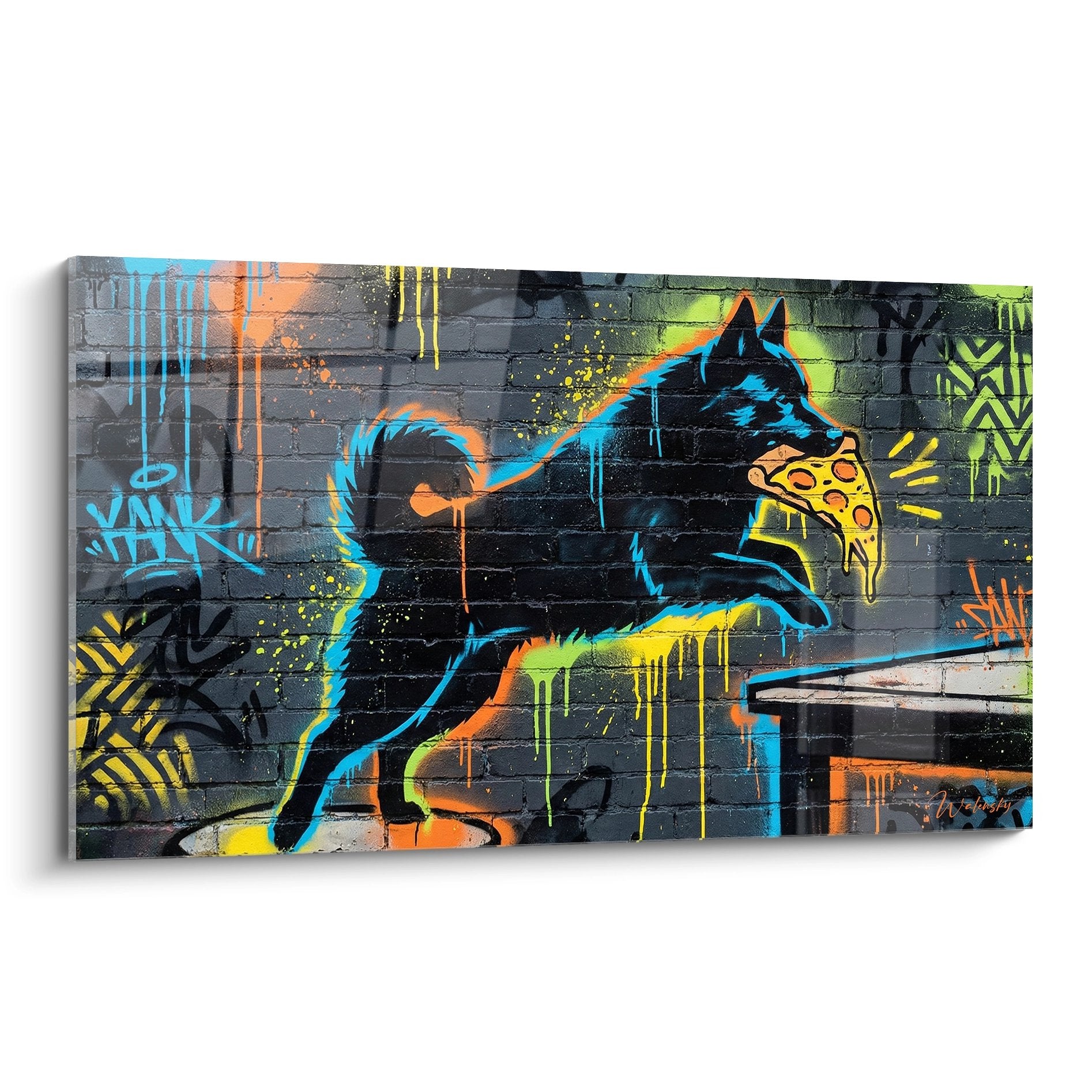 Tableau street art Schipperke bleu turquoise avec pizza sur mur graffiti multicolore