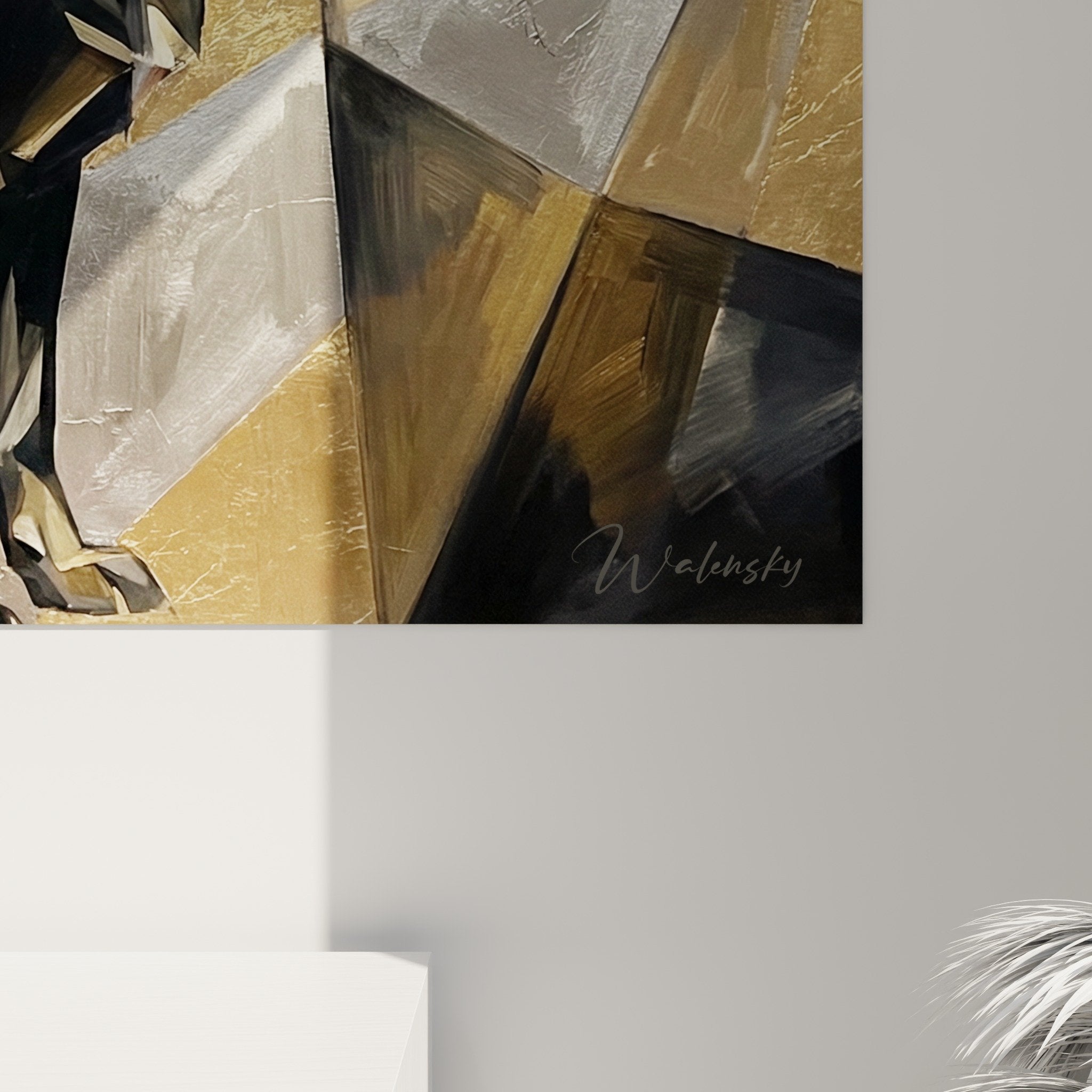 Vue d'ensemble tableau Schipperke cubiste dore dans salon contemporain epure