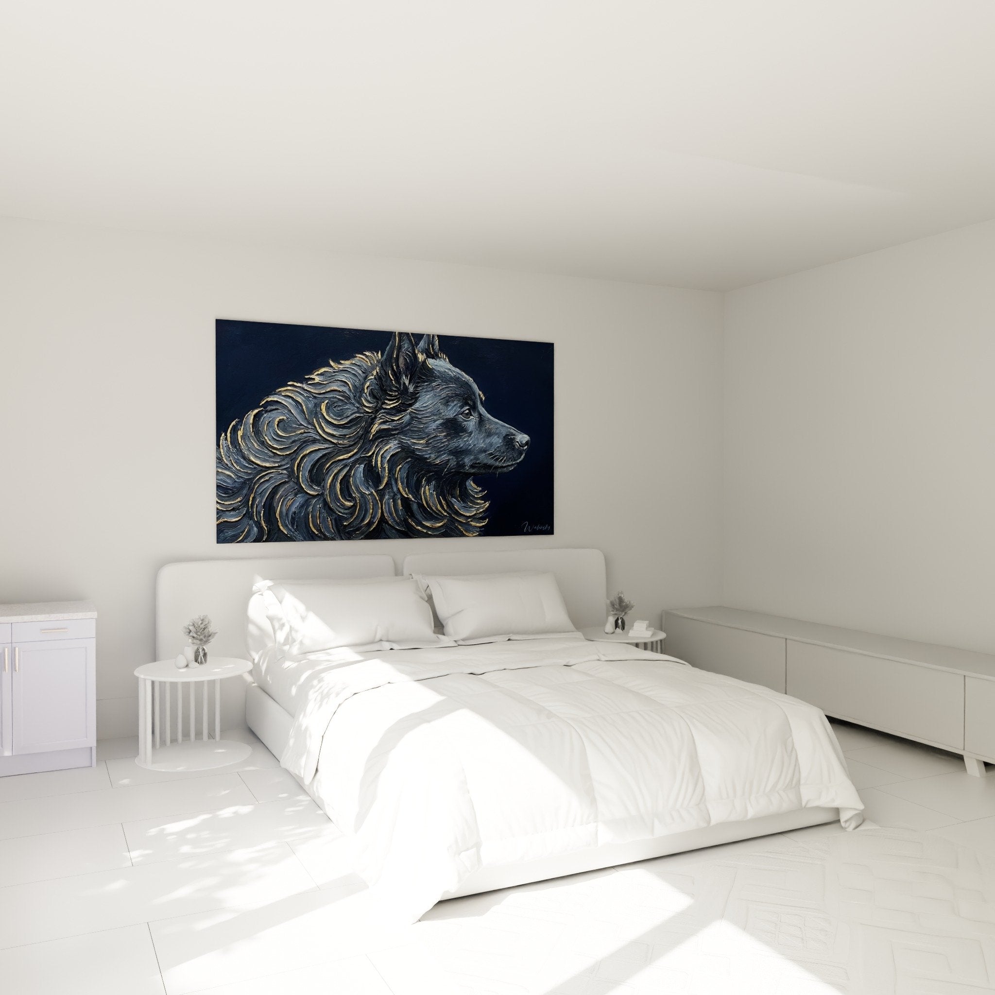 Tableau schipperke dore chambre mur bleu decoration murale portrait chien elegant