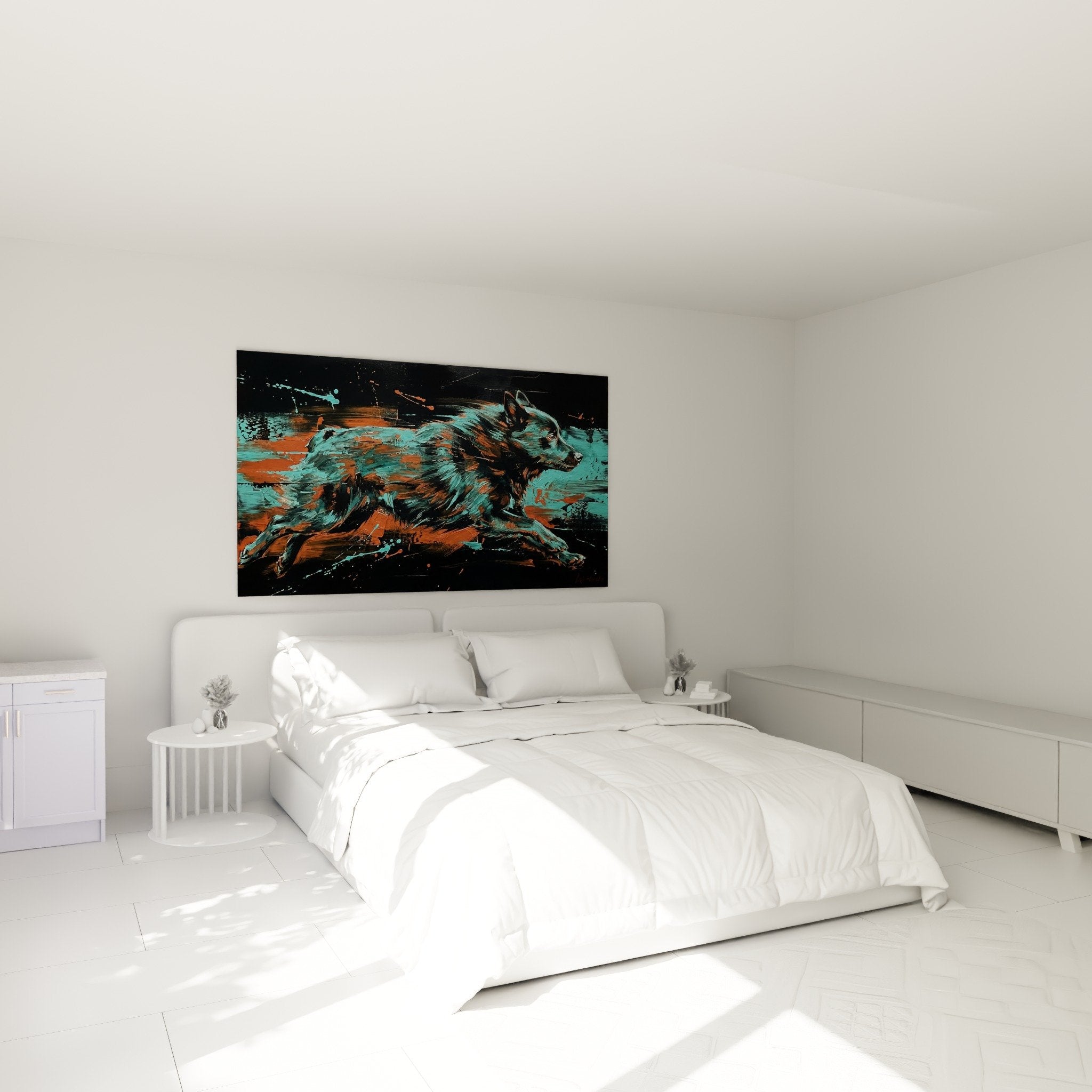Tableau Schipperke couleurs vives turquoise orange dans chambre moderne mur blanc