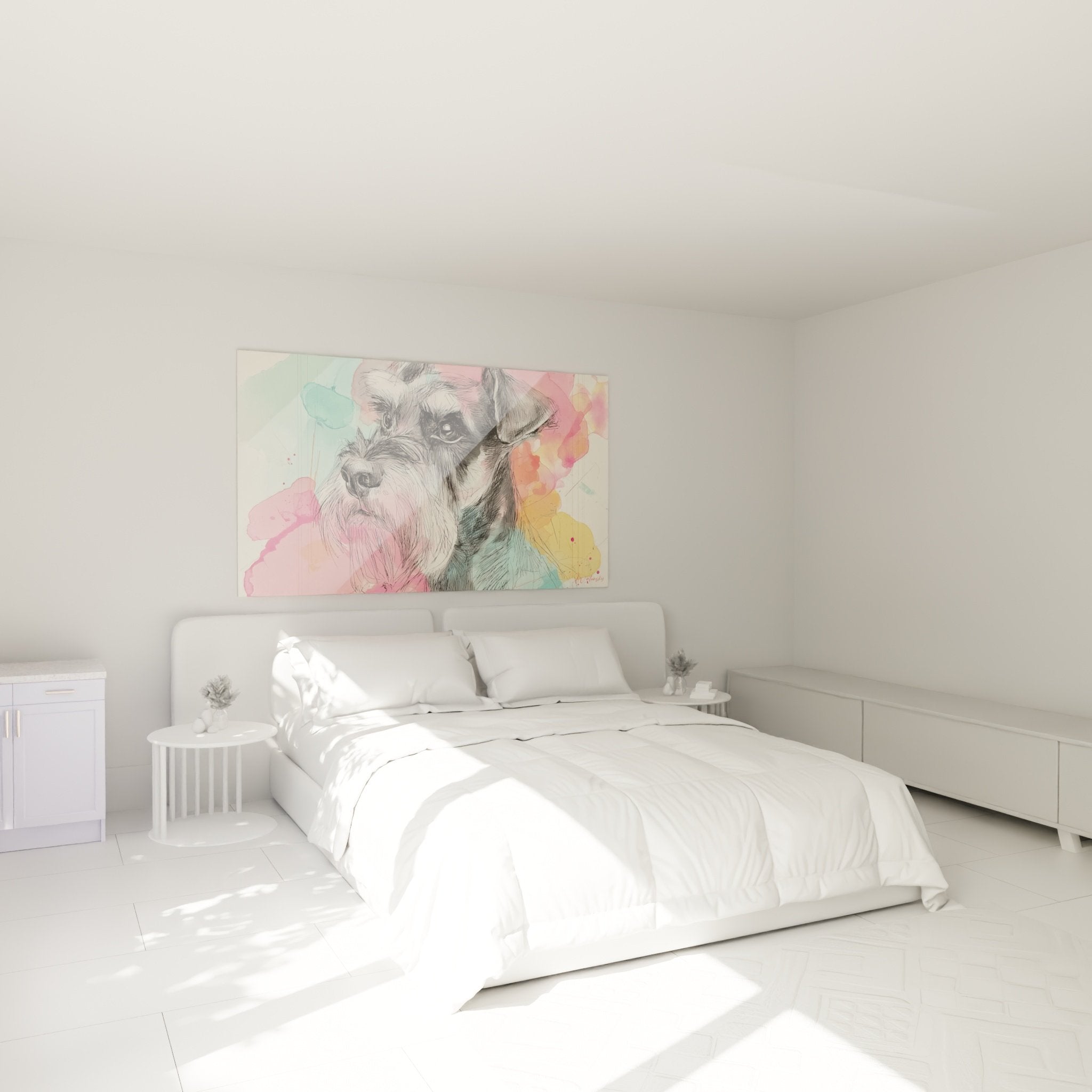 Farbiges Aquarell-Schnauzer-Gemälde über einem Bett in einem modernen Schlafzimmer mit Pastelltönen