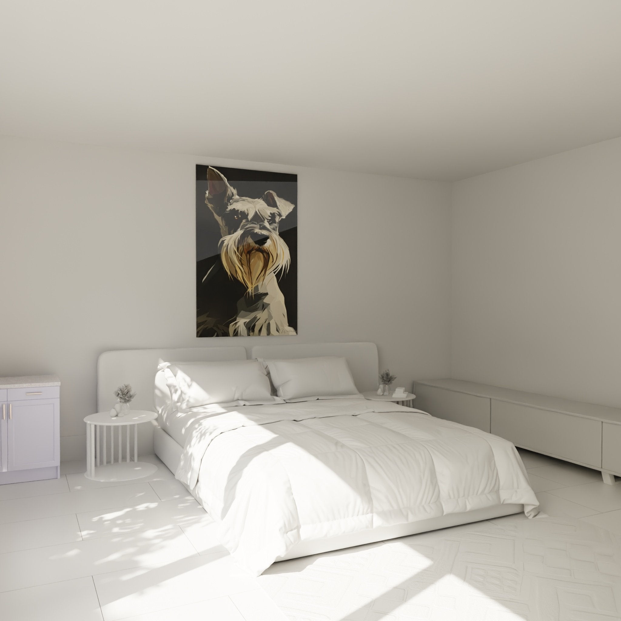 Tableau Schnauzer gris blanc dans chambre moderne, décoration murale élégante au-dessus du lit