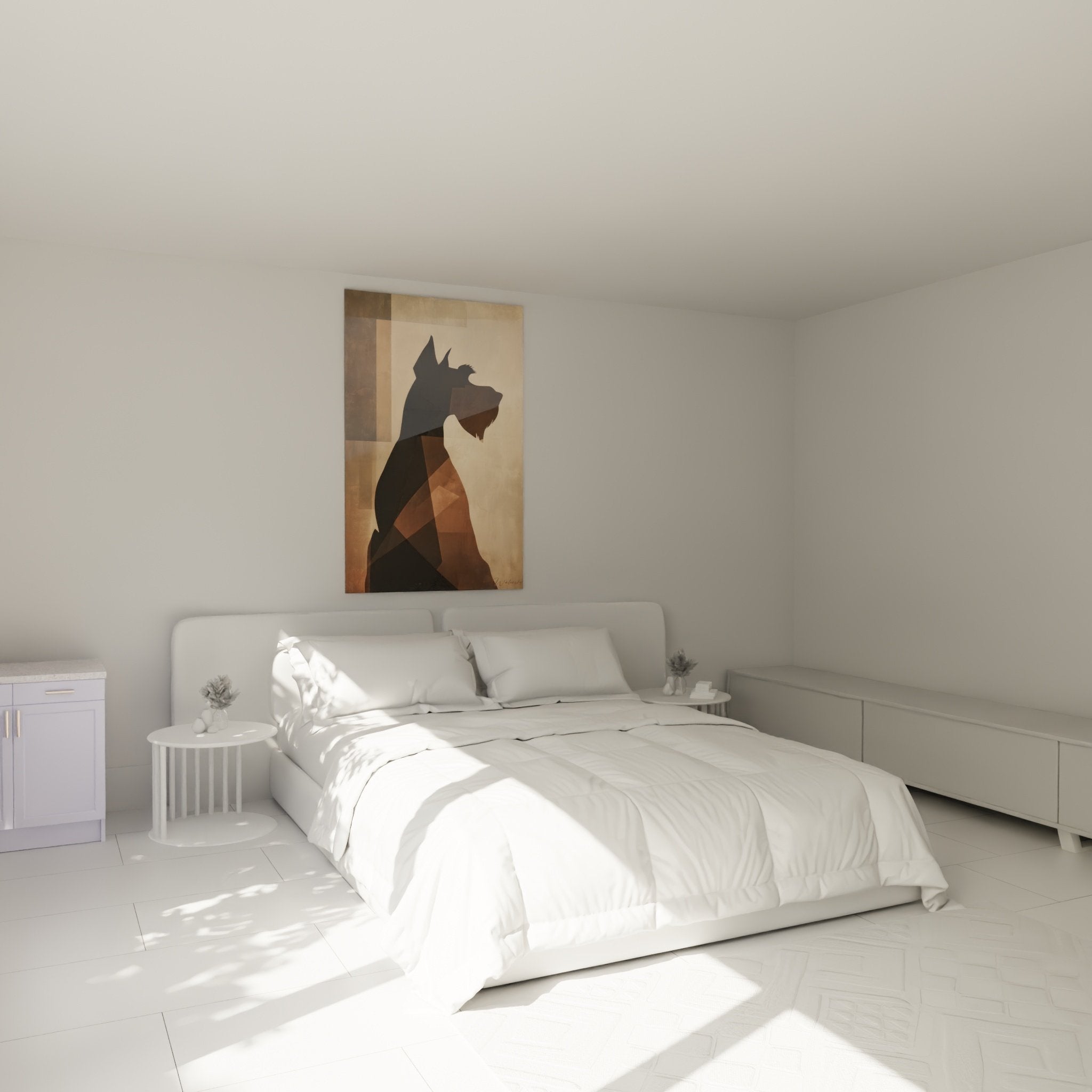 Tableau Schnauzer géométrique cubiste accroché dans chambre moderne aux murs beiges et décoration contemporaine