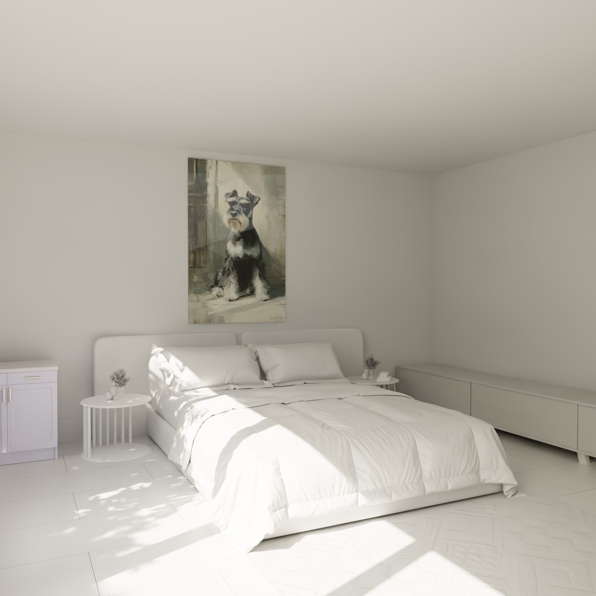 Tableau Schnauzer dans chambre moderne, murs blancs, décoration épurée, ambiance apaisante et cosy