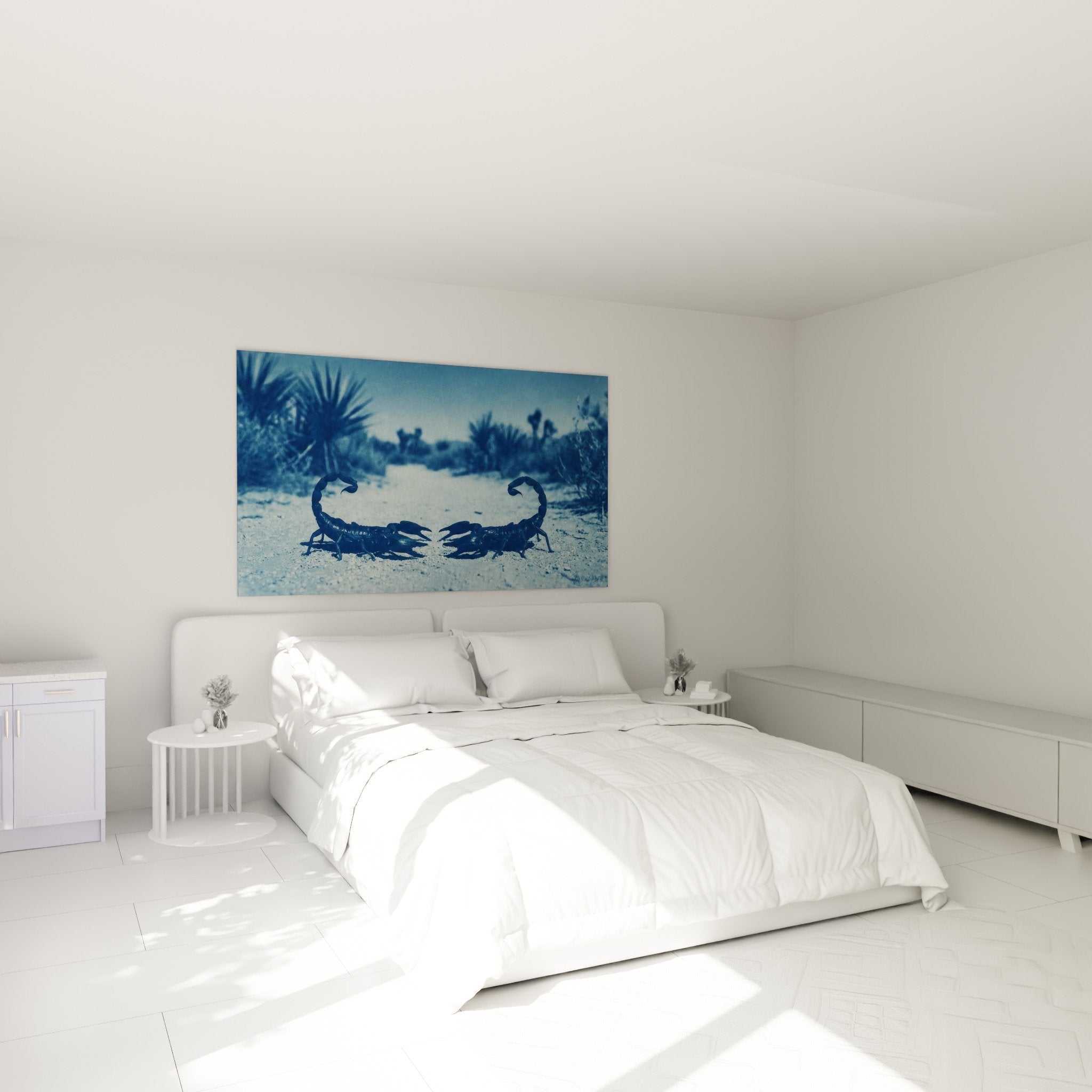 Tableau scorpions bleus décorant chambre moderne, ambiance mystérieuse et apaisante pour décoration murale