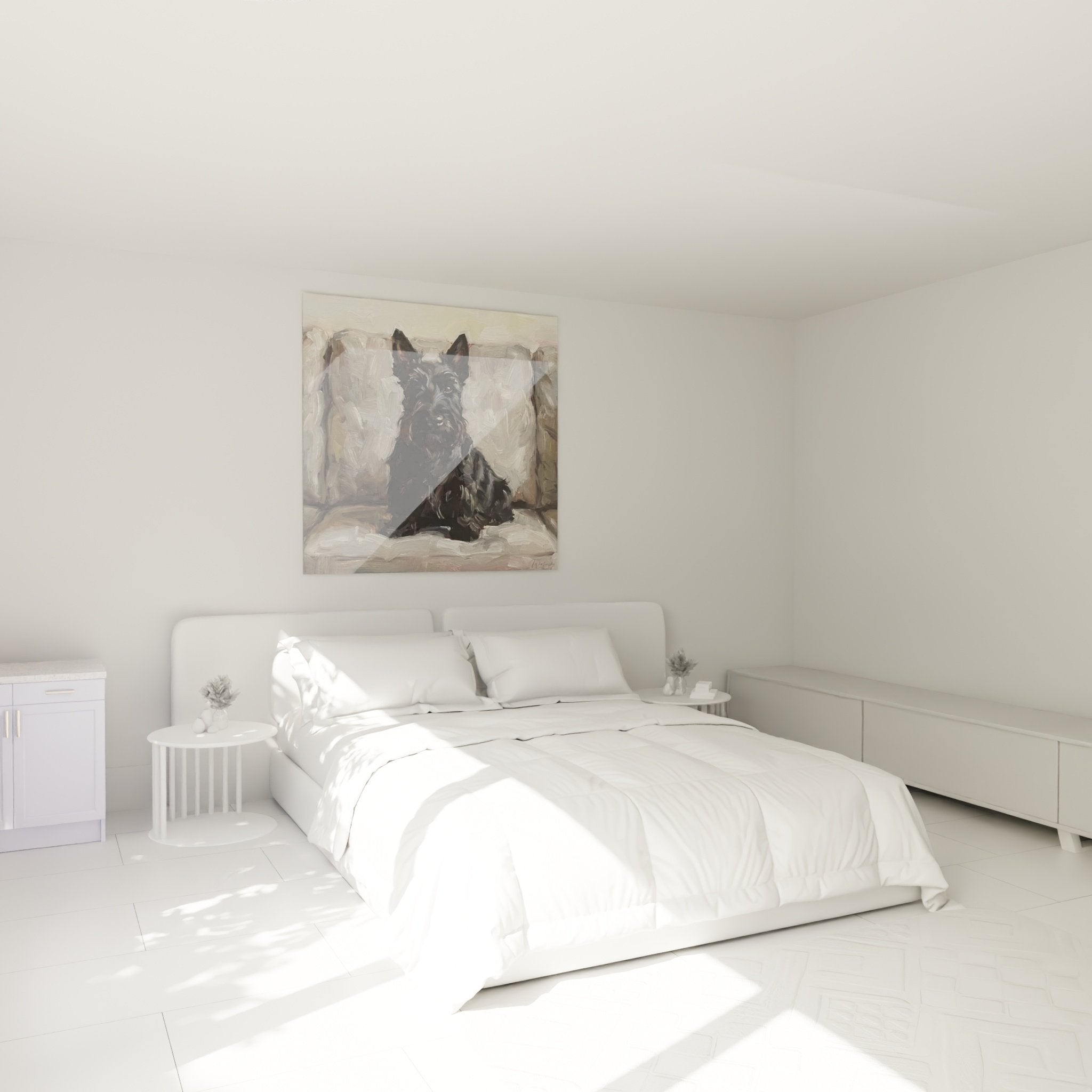 Tableau scottish terrier dans chambre moderne, decoration murale portrait chien noir