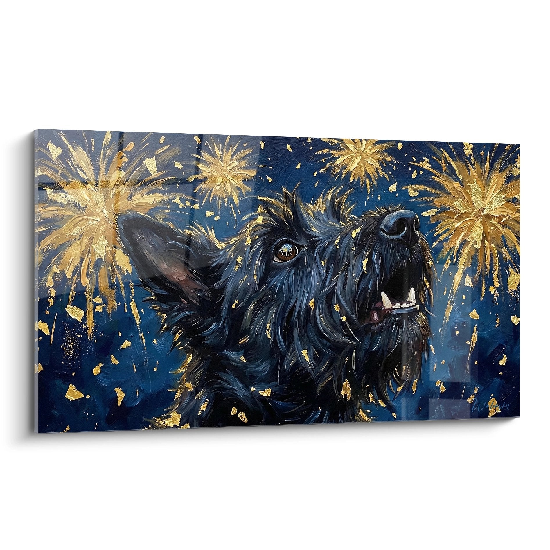 Tableau Scottish Terrier noir aboyant sous feux artifice dores sur fond bleu nuit avec particules or