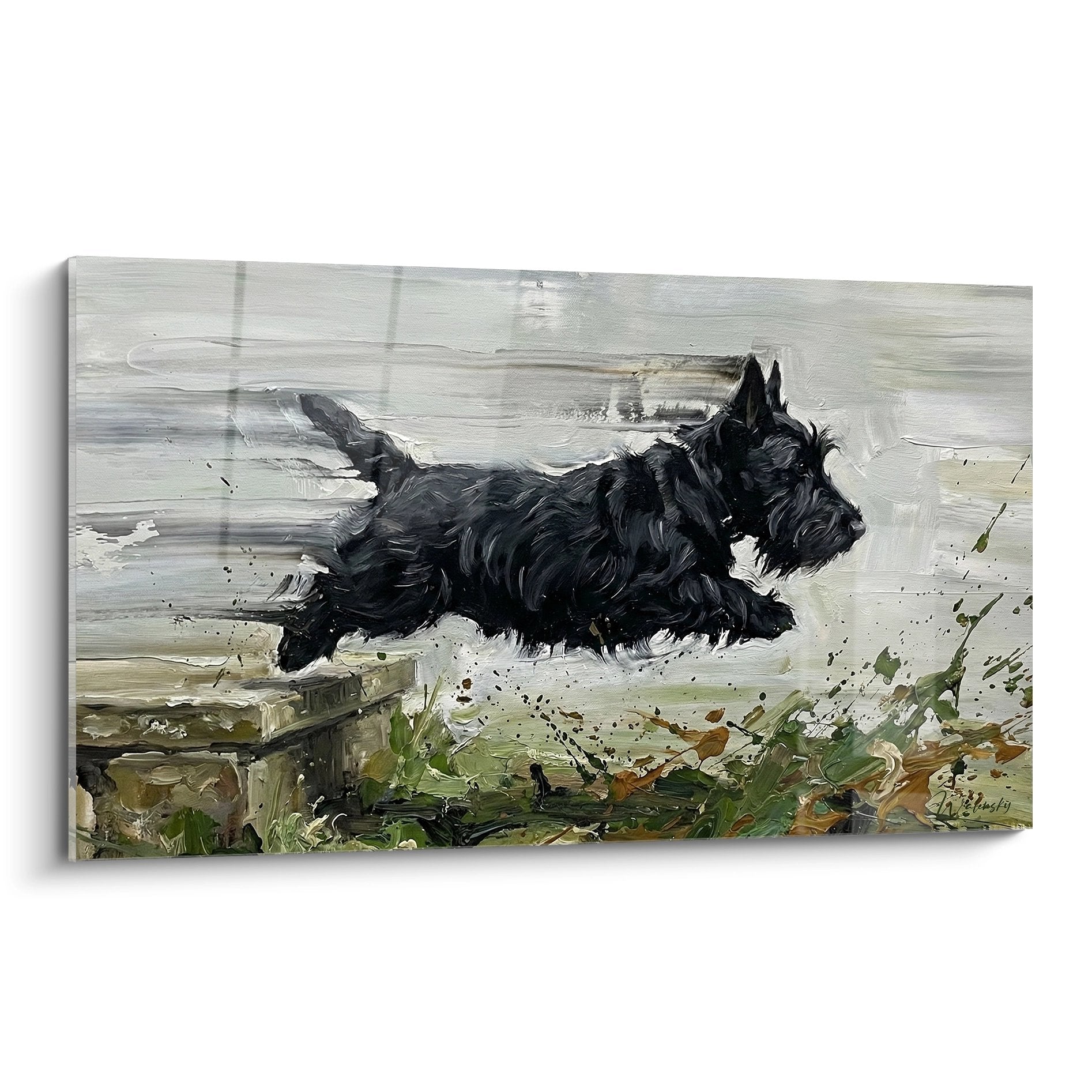Tableau Scottish Terrier noir bondissant au-dessus écume marine avec technique empâtements expressifs