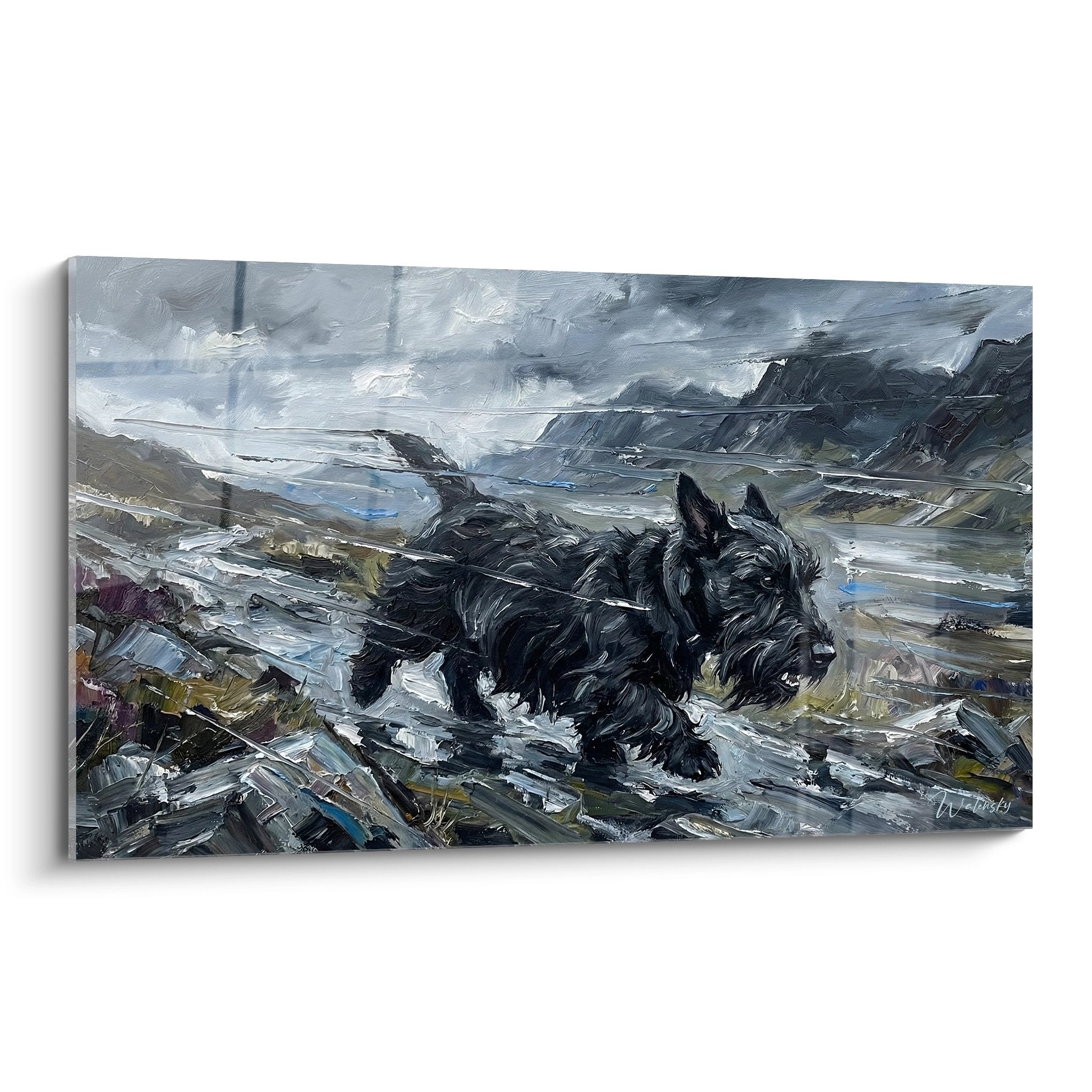 Peinture Scottish Terrier noir dans paysage ecossais montagneux aux tons gris et bleu dramatiques