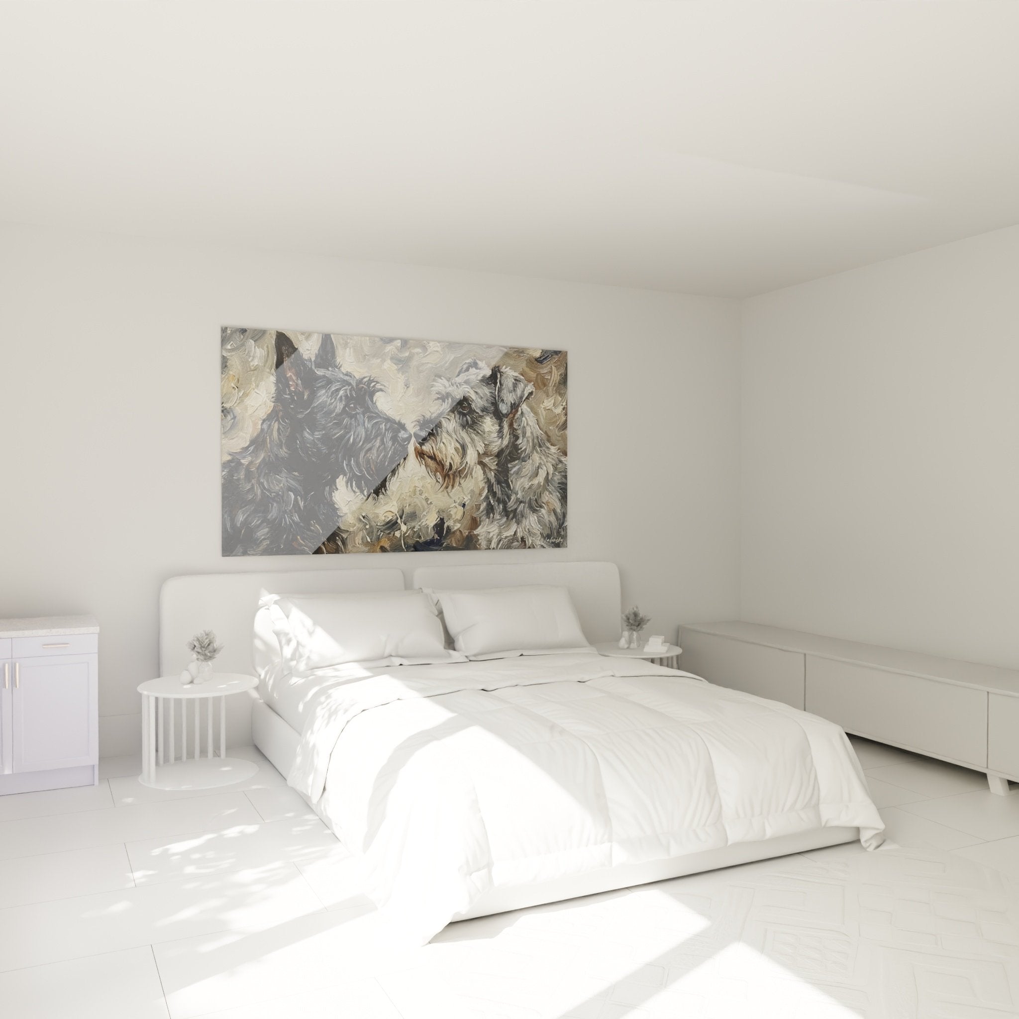 Duo de Scottish Terriers en peinture décorant harmonieusement une chambre aux tons neutres