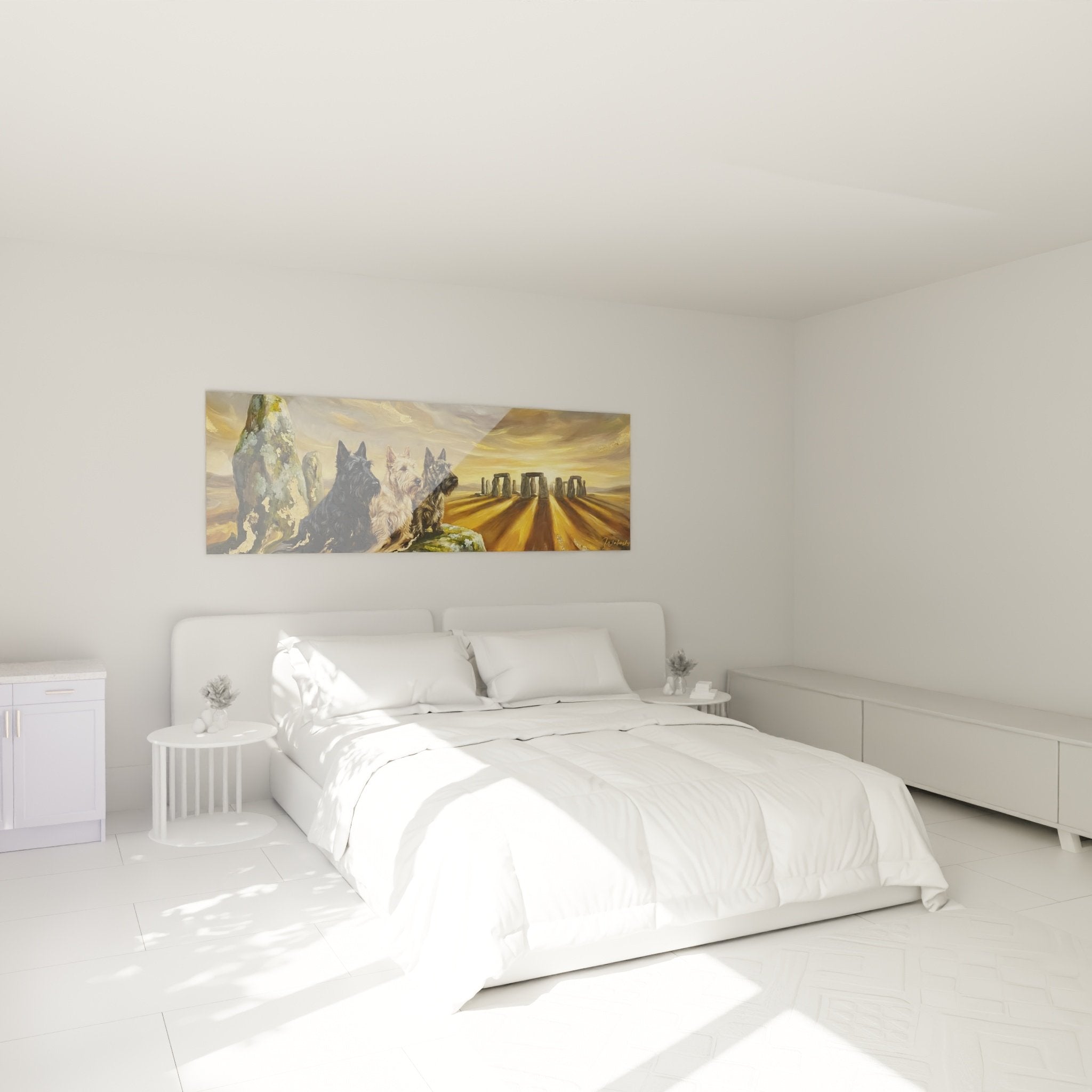 Tableau Scottish Terriers Stonehenge dans chambre moderne, decoration murale art canin mystique ambiance doree