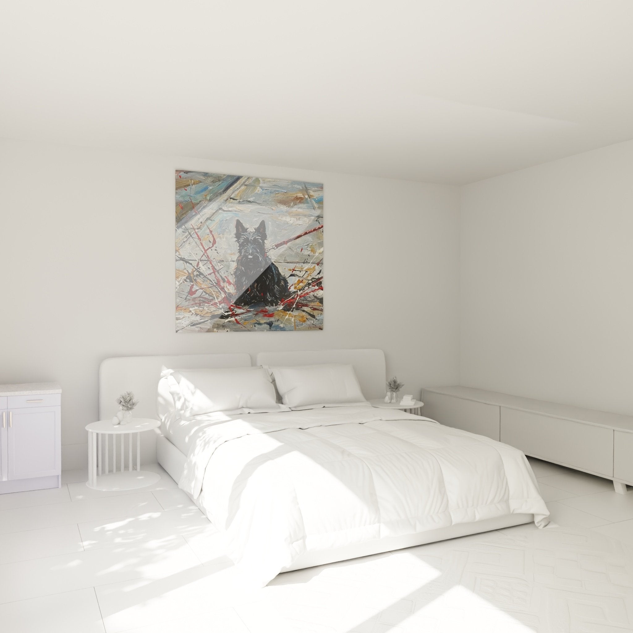 Tableau Scottish Terrier abstrait accroche dans chambre moderne murs blancs decoration contemporaine