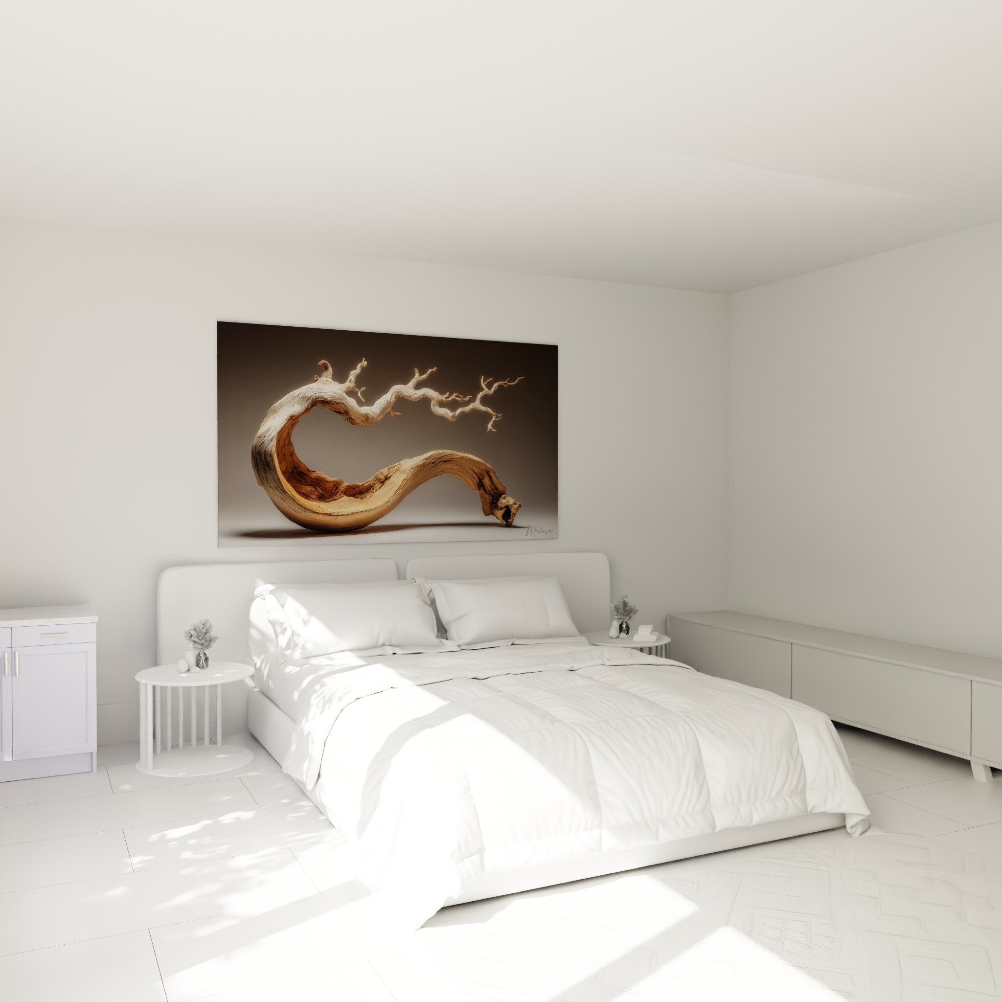 Organische Holzskulptur warme Töne zen Atmosphäre Schlafzimmer natürliche Wanddekoration Ikebana