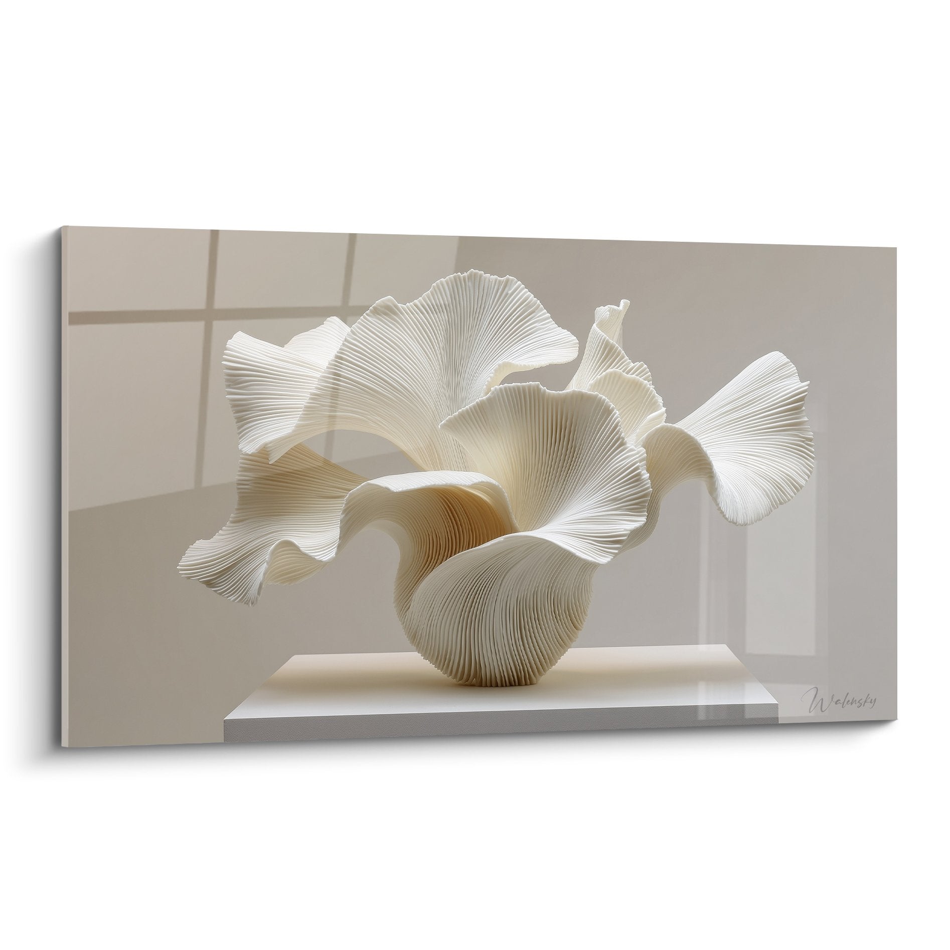 White organic sculpture painting with undulating forms on neutral background minimalist contemporary ikebana style