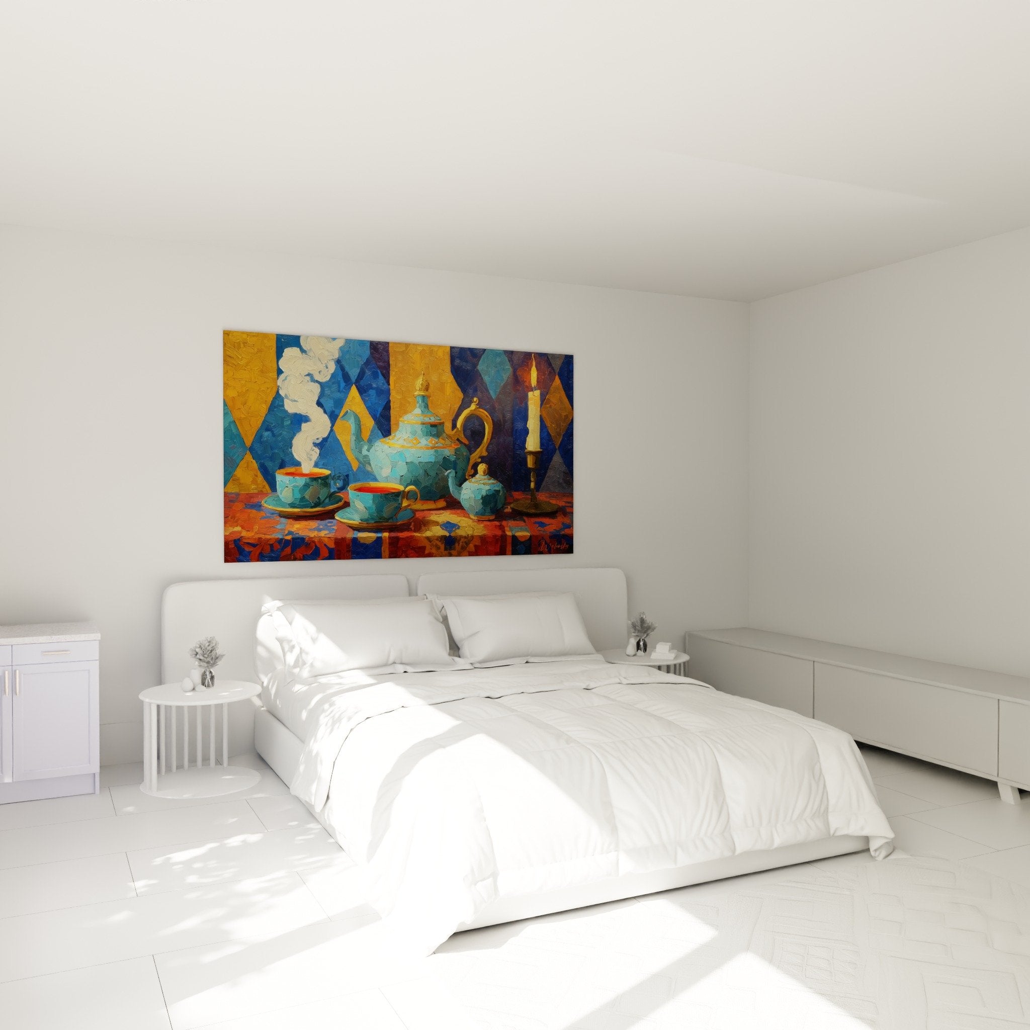 Künstlerisches Teeservice in Türkis und Gold in modernem Schlafzimmer, zen und beruhigende Atmosphäre für Wanddekoration