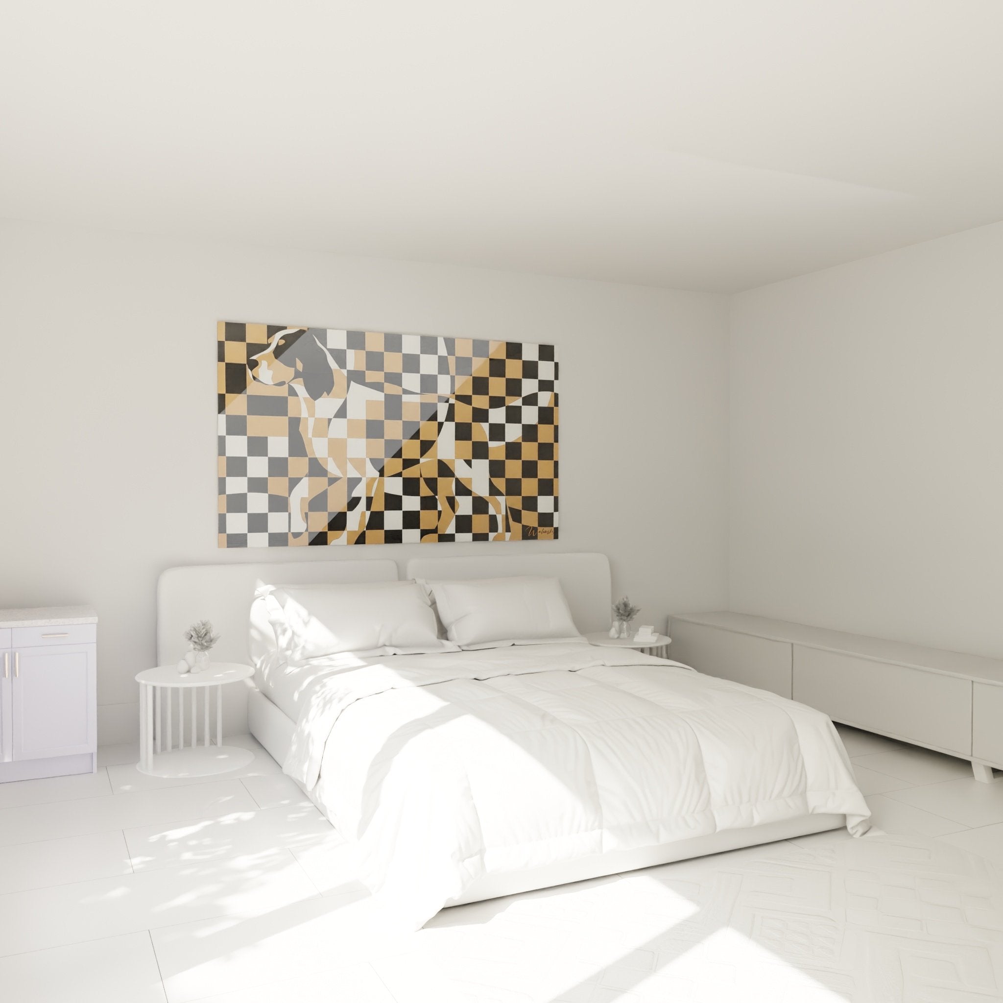 Decorazione parete camera con Setter Inglese geometrico scacchiera nero ocra atmosfera contemporanea